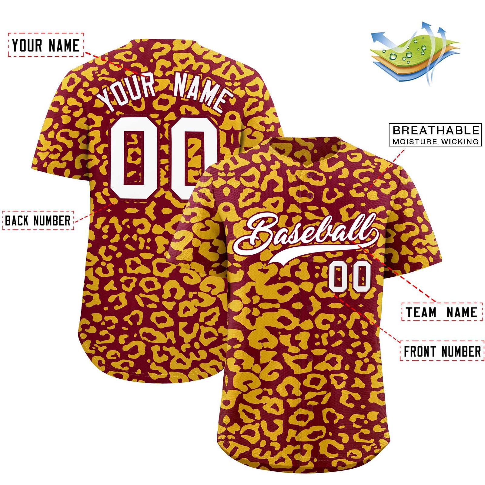 Custom Crimson Gold Leopard Print Pattern Authentic Baseball Jersey