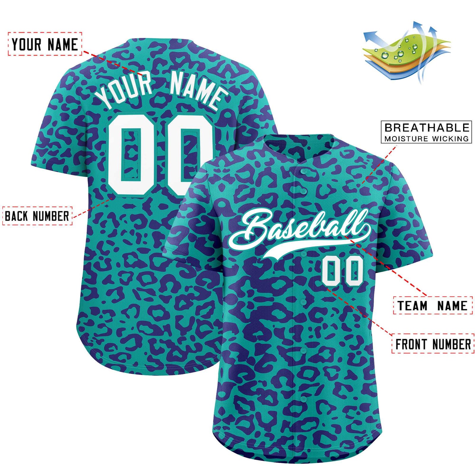 Custom Aqua Purple Leopard Print Pattern Authentic Baseball Jersey