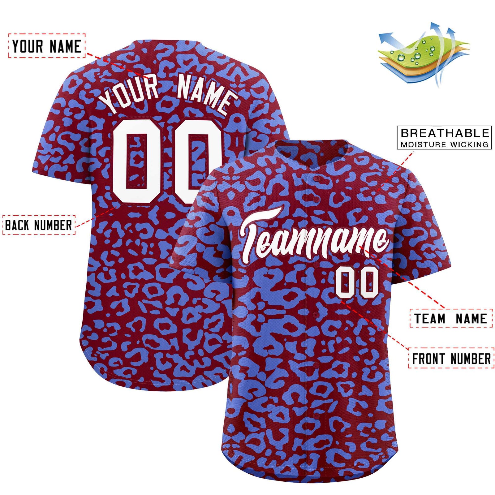 Custom Crimson Light Blue Leopard Print Pattern Authentic Baseball Jersey