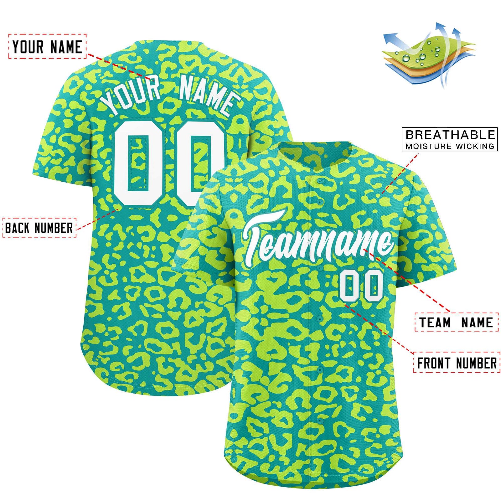 Custom Aqua Fluorescent Green Leopard Print Pattern Authentic Baseball Jersey