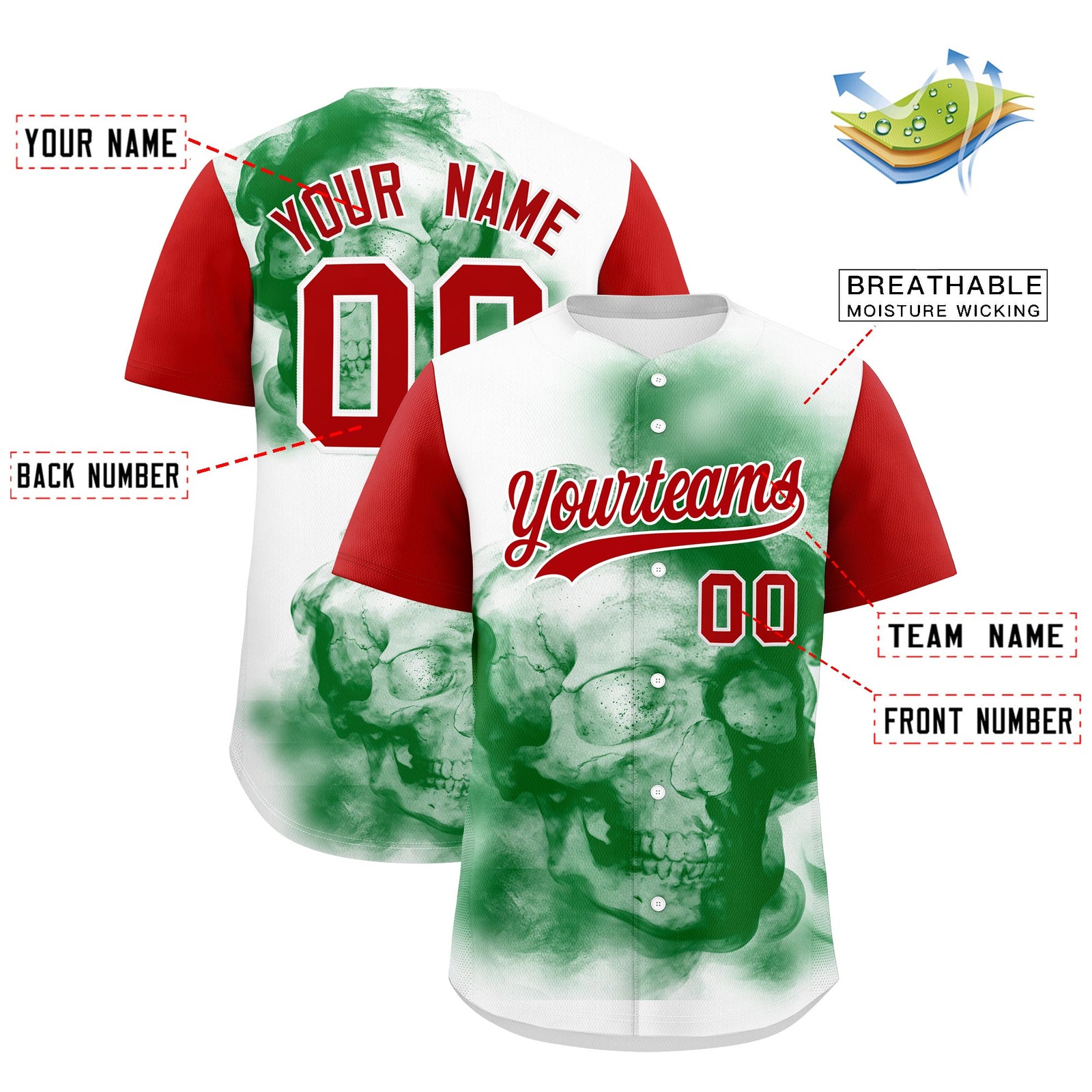 Custom White Red Kelly Green Graffiti Pattern Mexican style Stretch Fabric Baseball Jersey| KXKSHOP