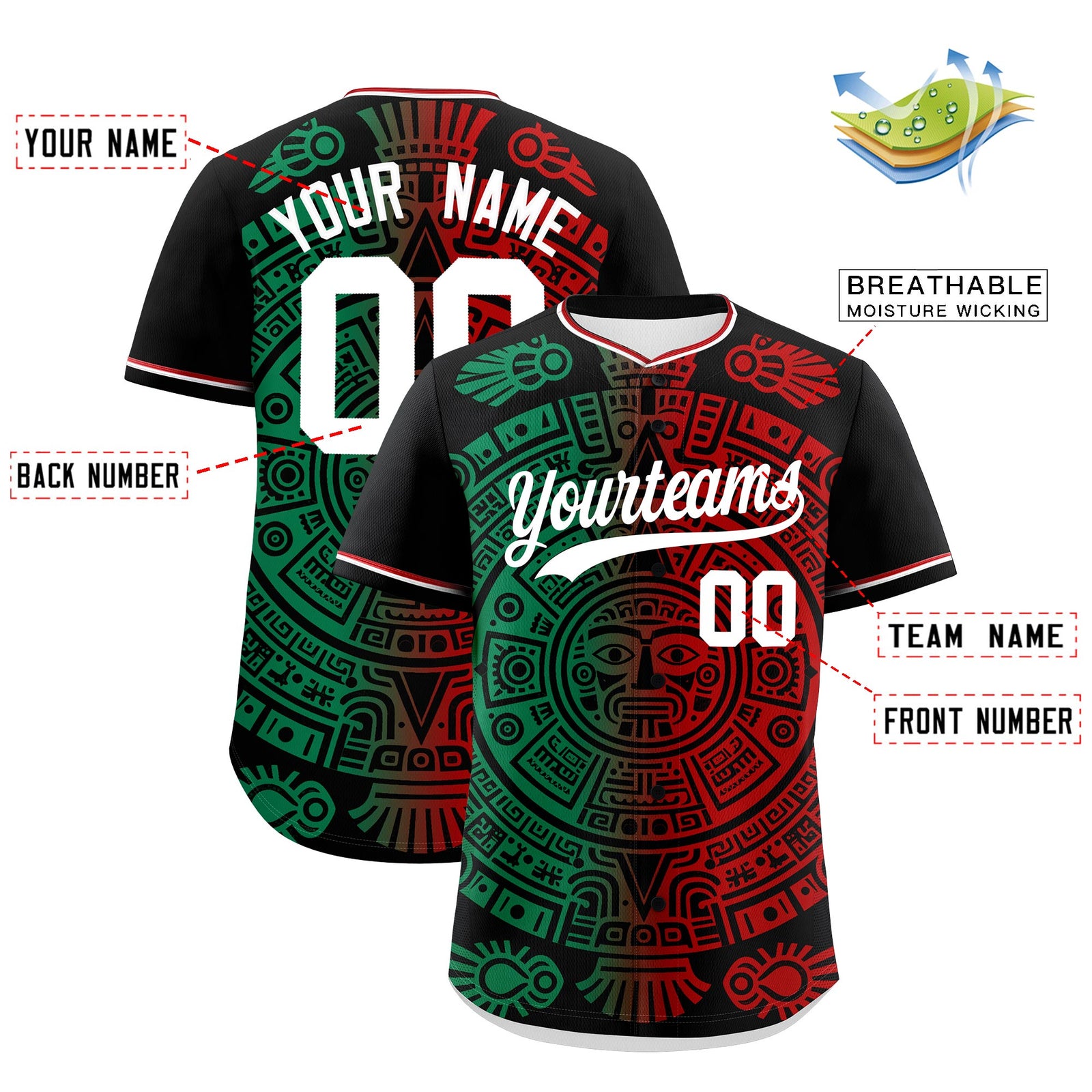Custom Black Kelly Green Red Graffiti Pattern Mexican style Stretch Fabric Baseball Jersey| KXKSHOP