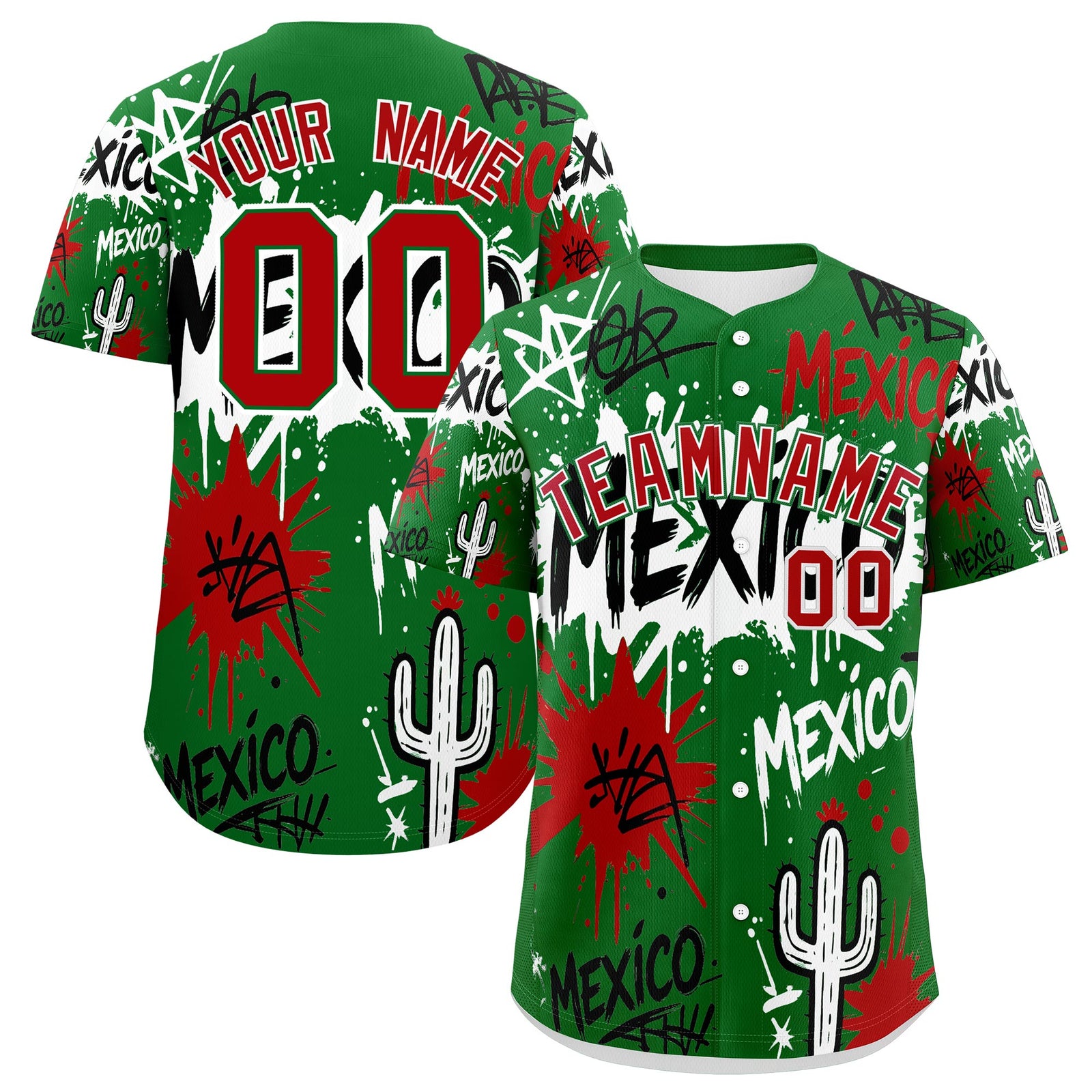 Custom Kelly Green Red White Graffiti Pattern Mexican style Stretch Fabric Baseball Jersey| KXKSHOP
