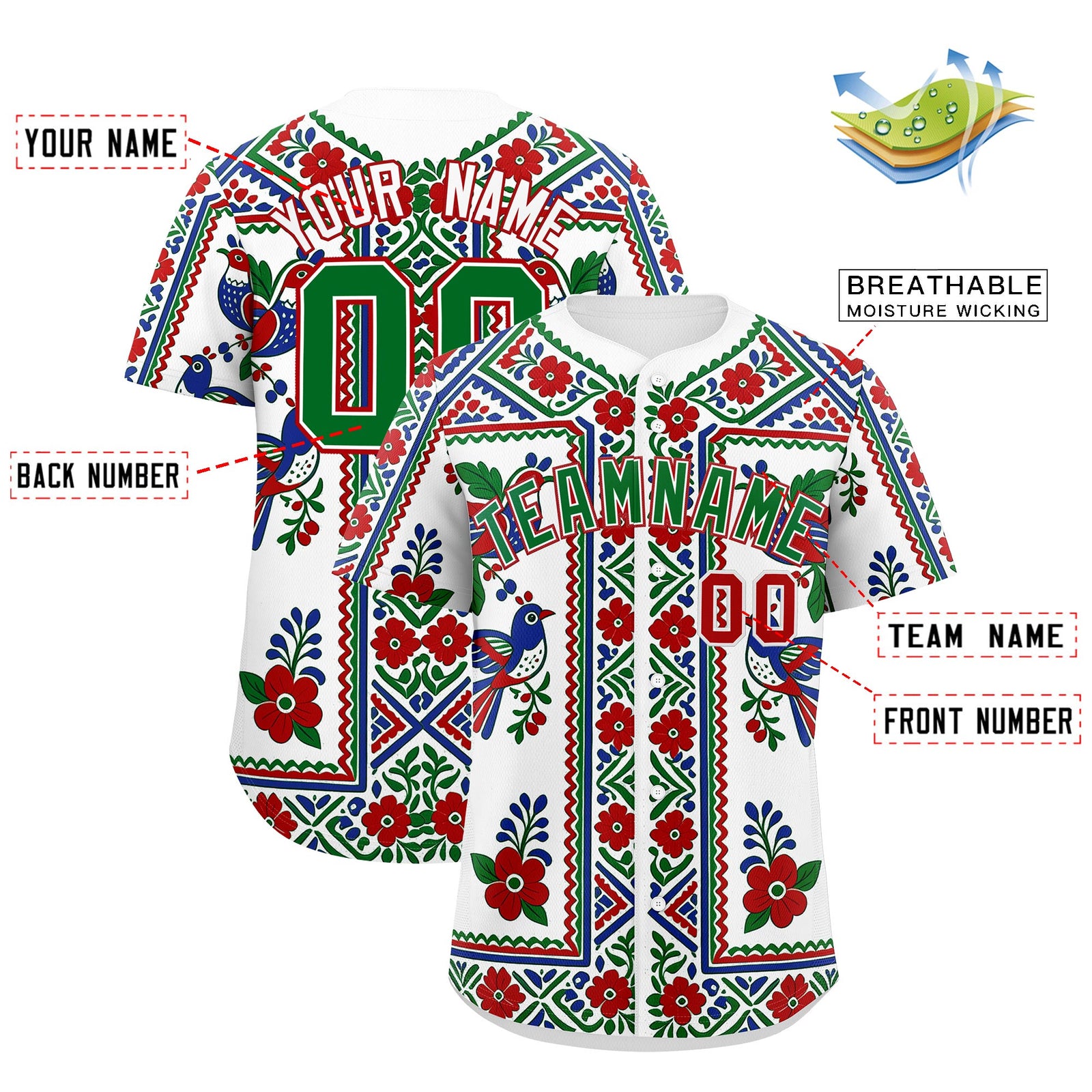 Custom White Kelly Green Red Graffiti Pattern Mexican style Stretch Fabric Baseball Jersey| KXKSHOP