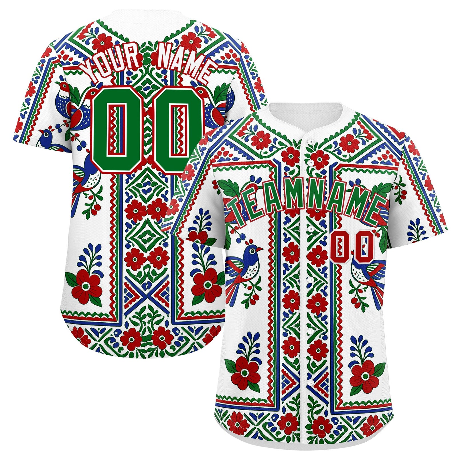 Custom White Kelly Green Red Graffiti Pattern Mexican style Stretch Fabric Baseball Jersey| KXKSHOP