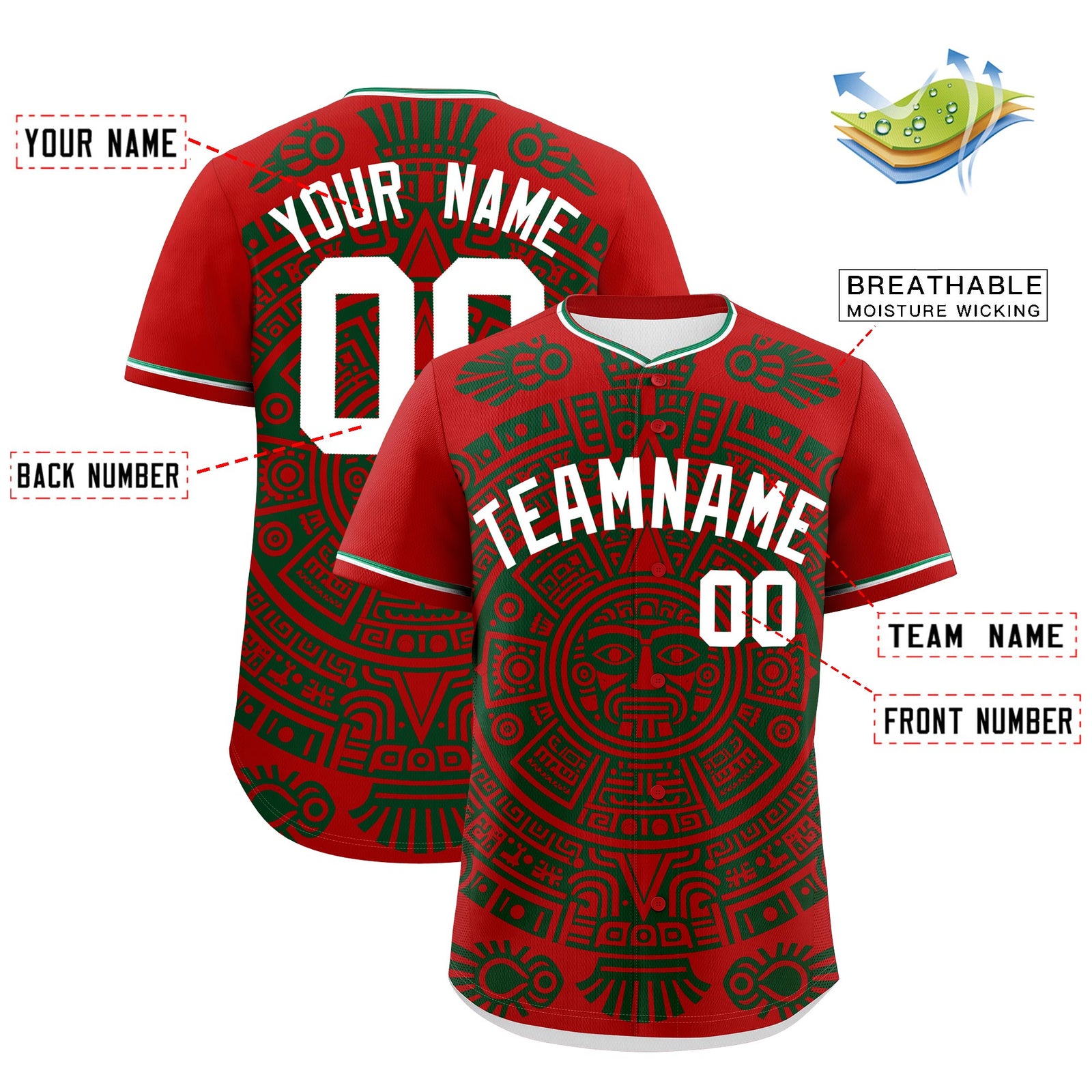 Custom Red Dark Green White Graffiti Pattern Mexican style Stretch Fabric Baseball Jersey| KXKSHOP