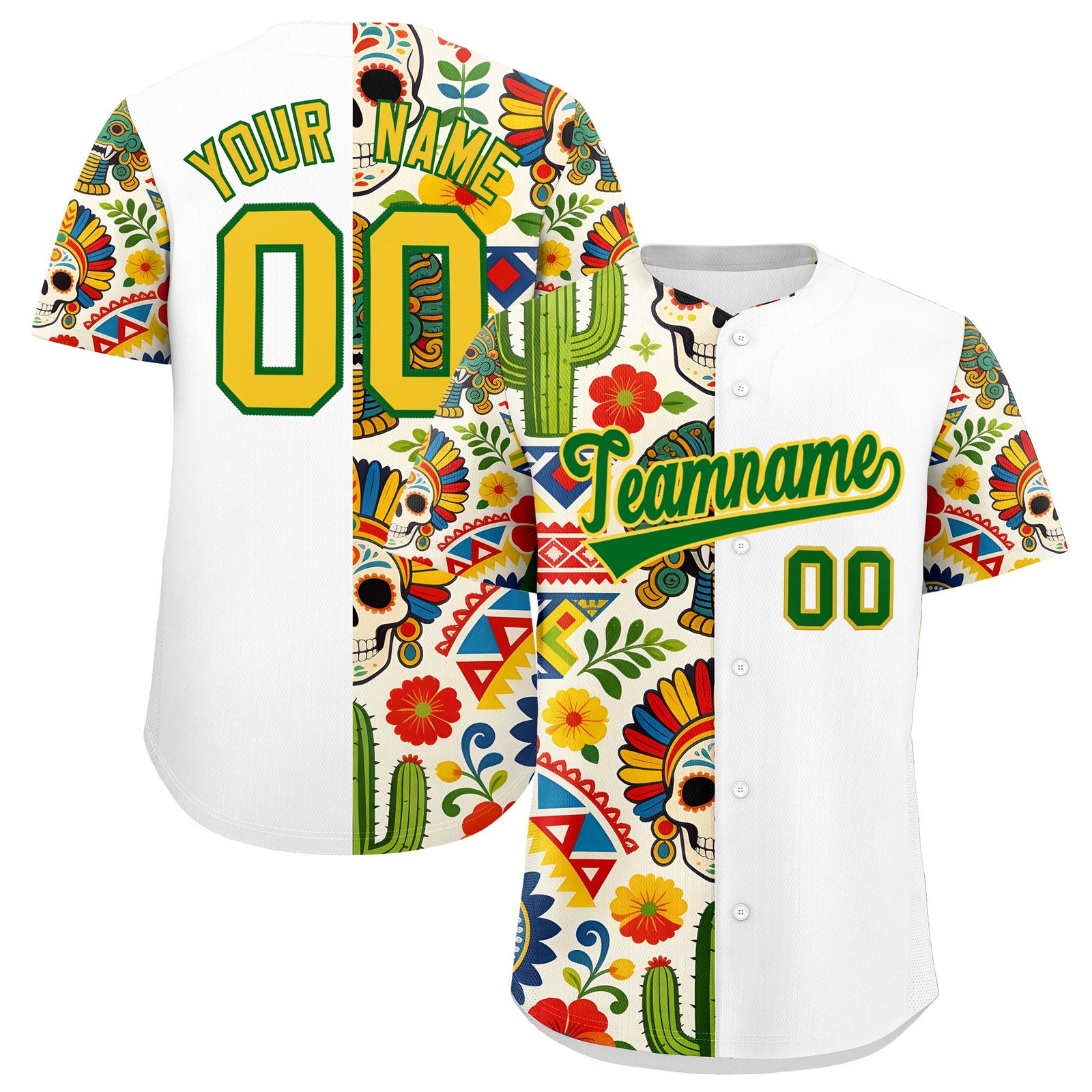 Custom White Kelly Green Gold Graffiti Pattern Mexican style Stretch Fabric Baseball Jersey| KXKSHOP