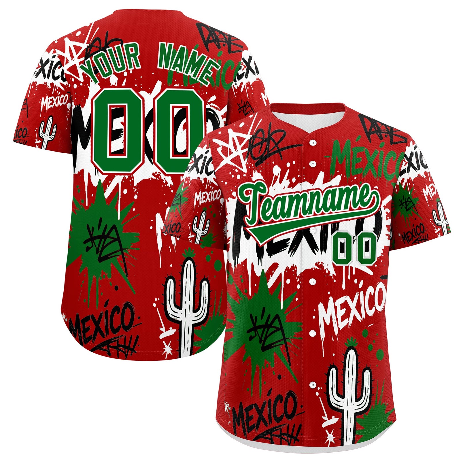 Custom Red Kelly Green White Graffiti Pattern Mexican style Stretch Fabric Baseball Jersey| KXKSHOP