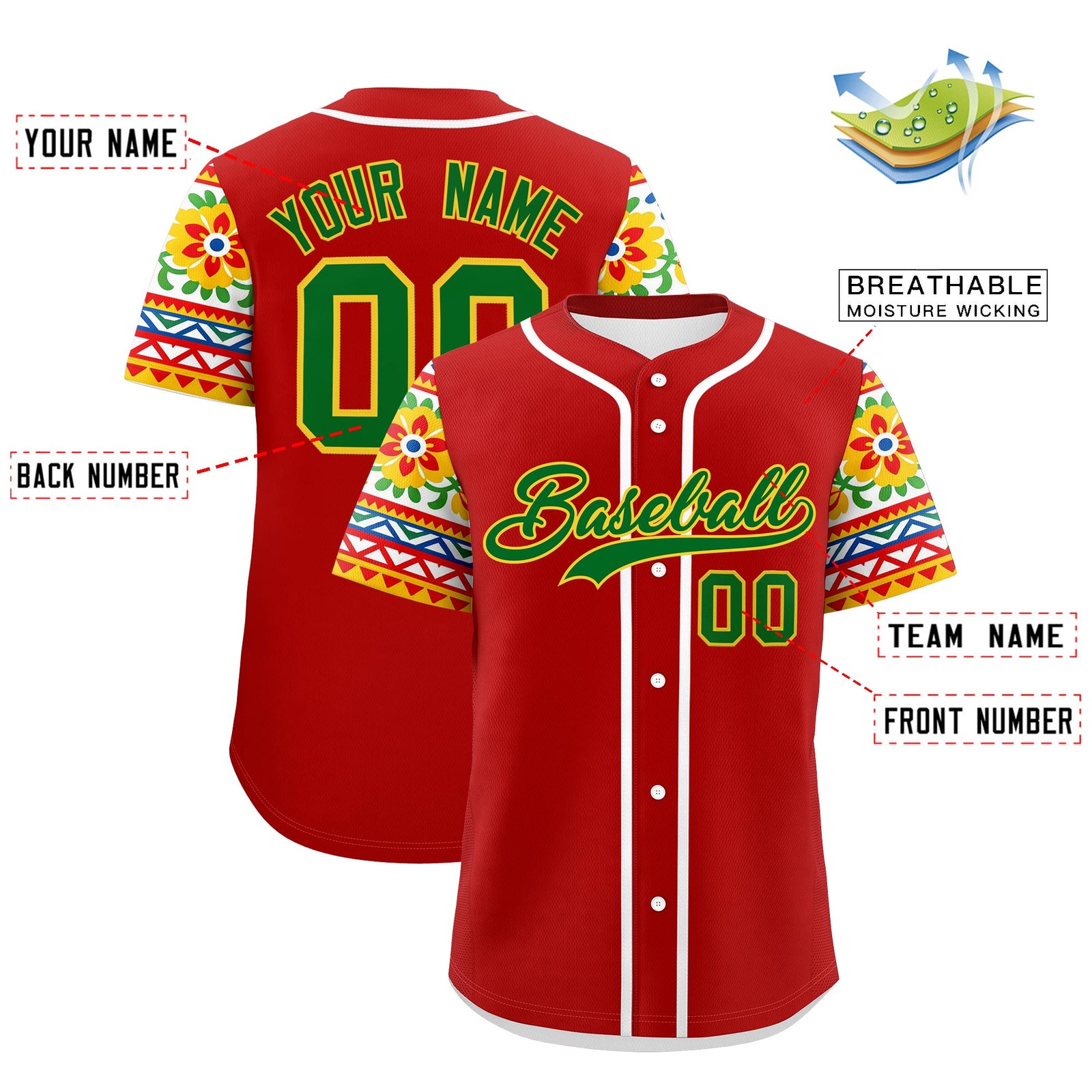 Custom Red Kelly Green Gold Graffiti Pattern Mexican style Stretch Fabric Baseball Jersey| KXKSHOP