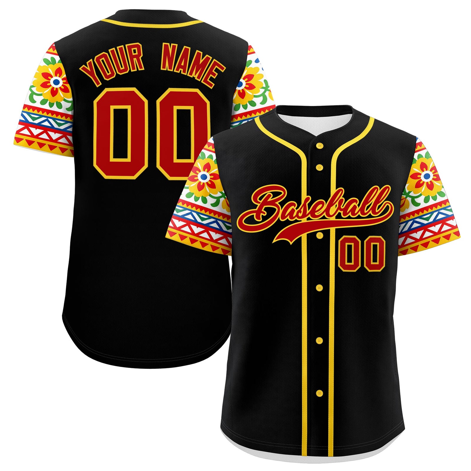Custom Black Red Gold Graffiti Pattern Mexican style Stretch Fabric Baseball Jersey| KXKSHOP