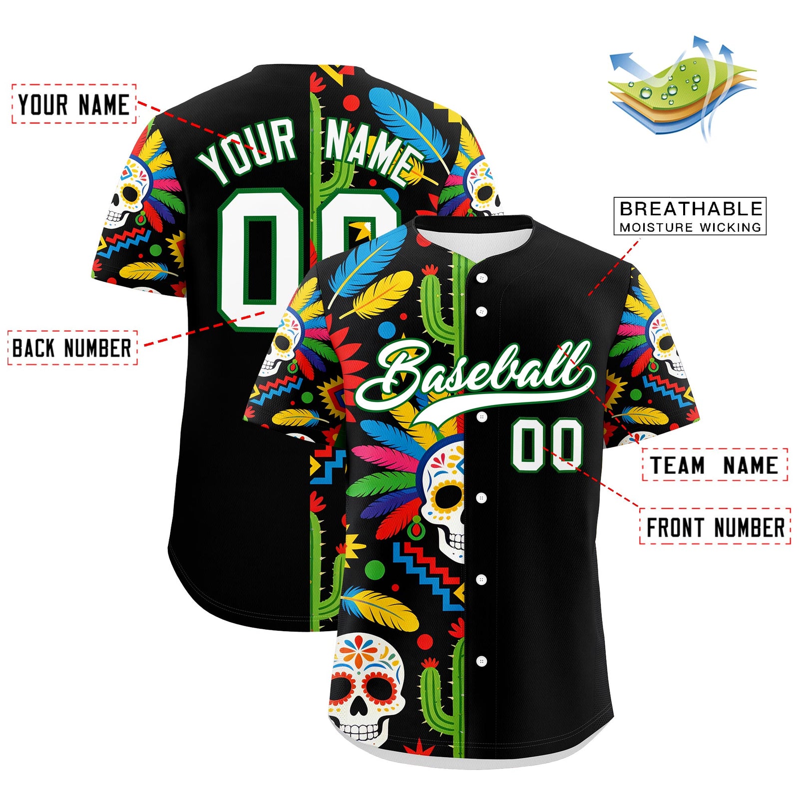 Custom Black White Kelly Green Graffiti Pattern Mexican style Stretch Fabric Baseball Jersey| KXKSHOP