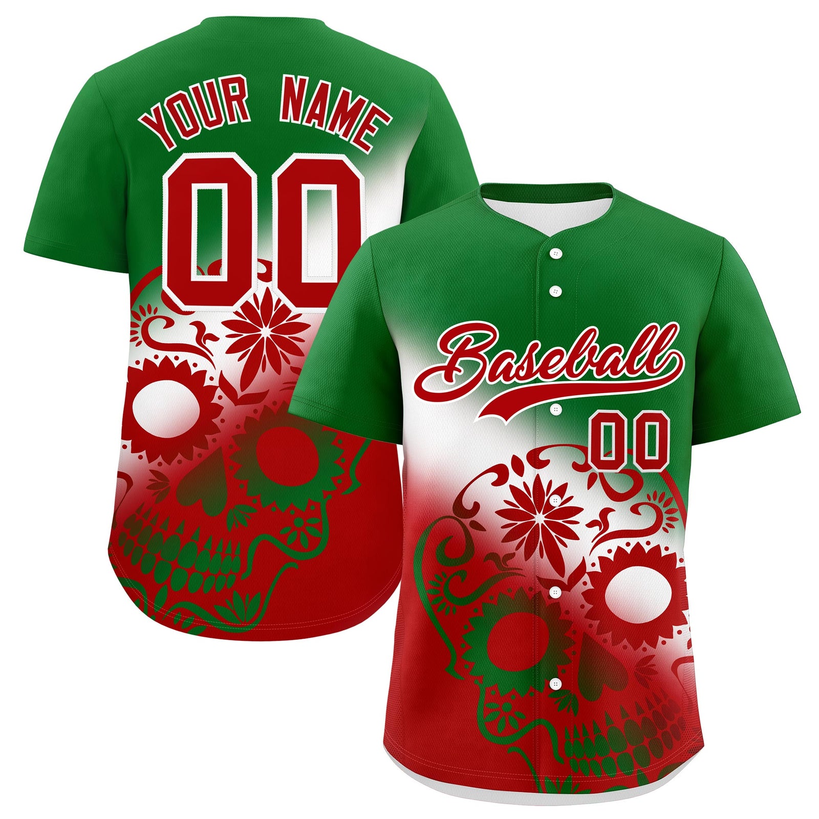 Custom Kelly Green White Red Graffiti Pattern Mexican style Stretch Fabric Baseball Jersey| KXKSHOP
