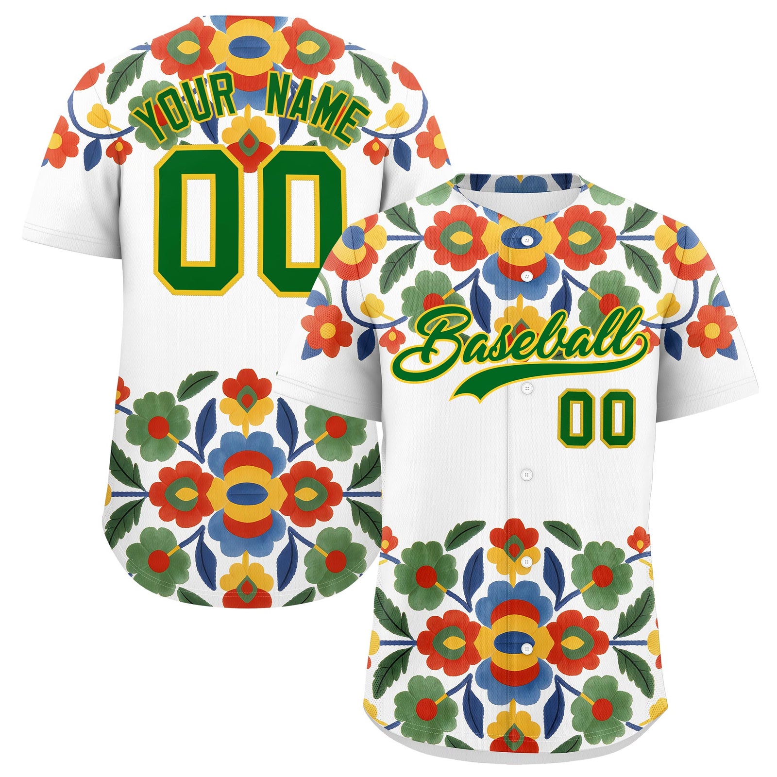 Custom White Kelly Green Gold Graffiti Pattern Mexican style Stretch Fabric Baseball Jersey| KXKSHOP