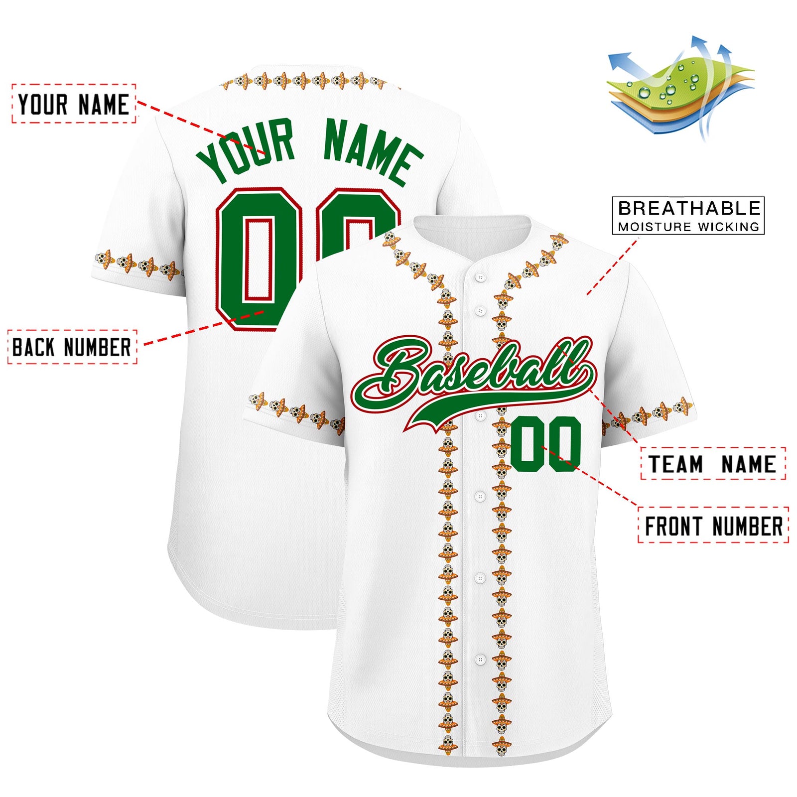 Custom White Kelly Green Red Graffiti Pattern Mexican style Stretch Fabric Baseball Jersey| KXKSHOP