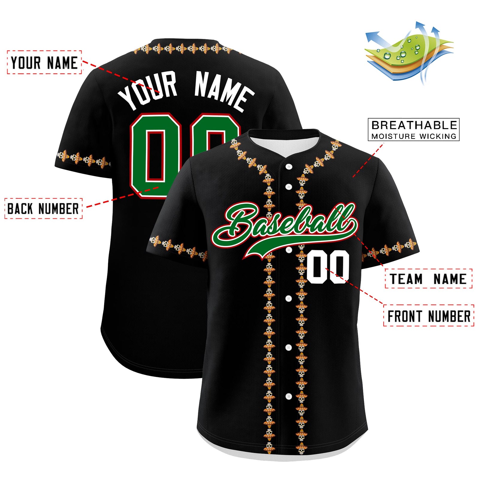 Custom Black Kelly Green White Graffiti Pattern Mexican style Stretch Fabric Baseball Jersey| KXKSHOP