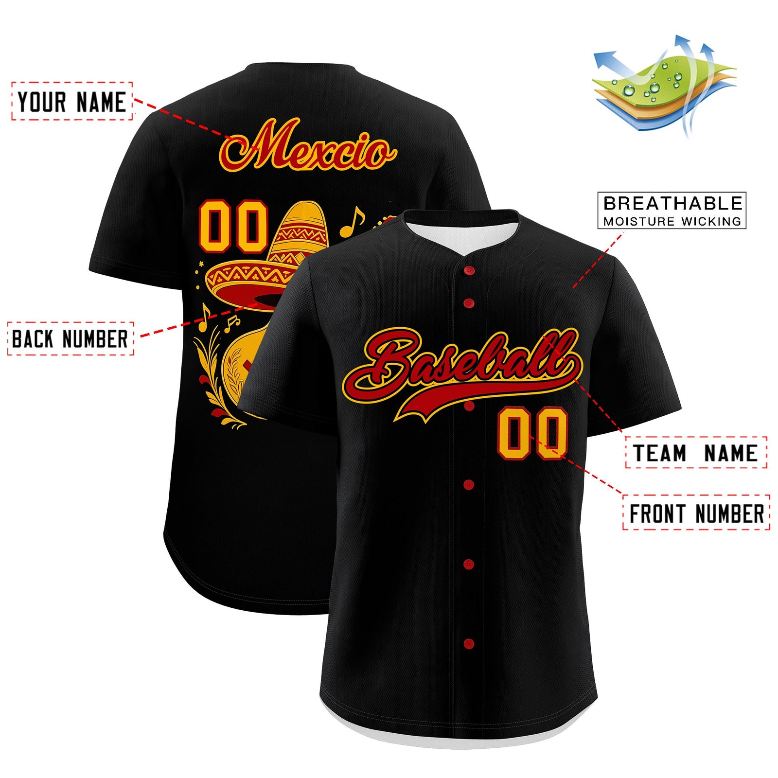 Custom Black Red Yellow Graffiti Pattern Mexican style Stretch Fabric Baseball Jersey| KXKSHOP