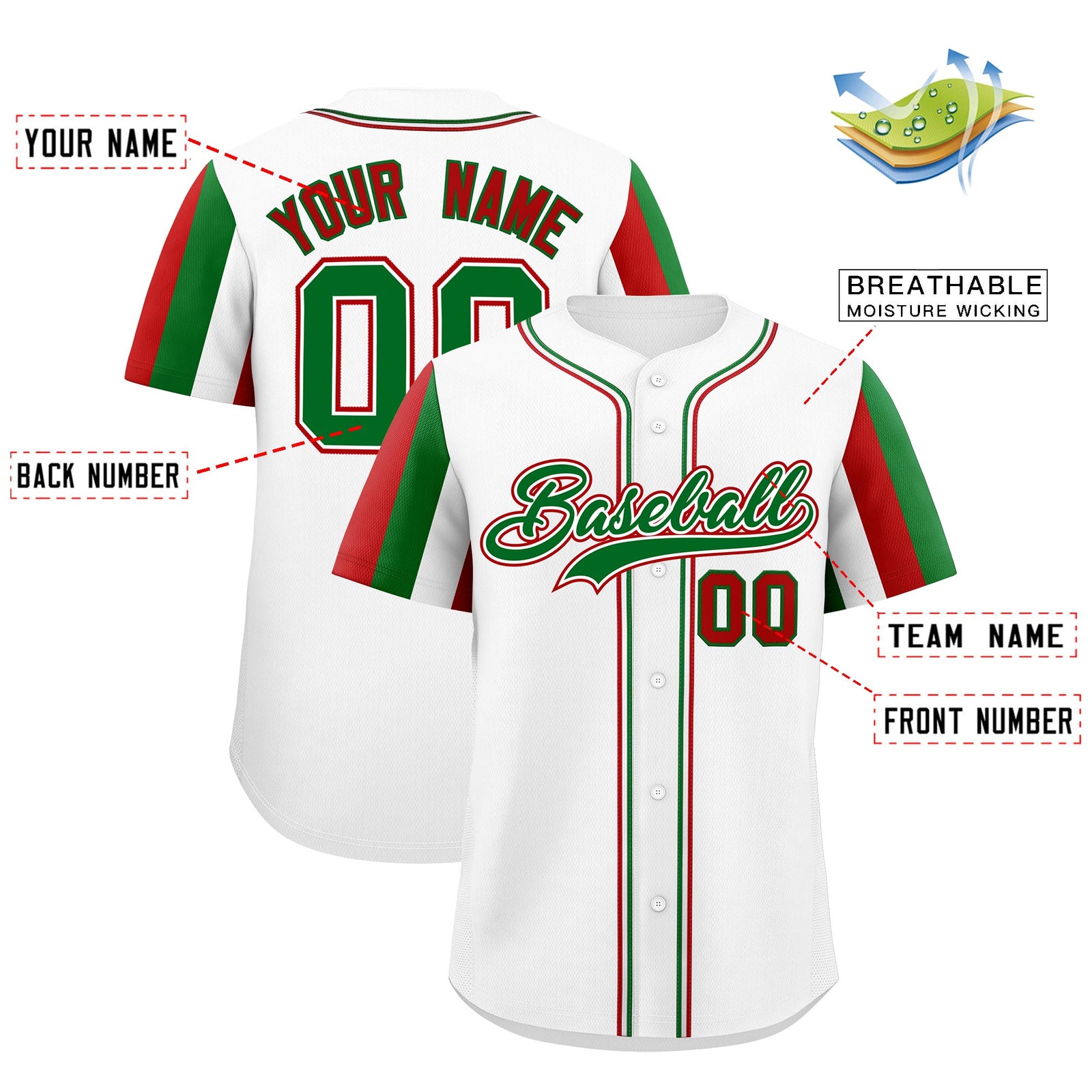 Custom White Kelly Green Red Graffiti Pattern Mexican style Stretch Fabric Baseball Jersey| KXKSHOP