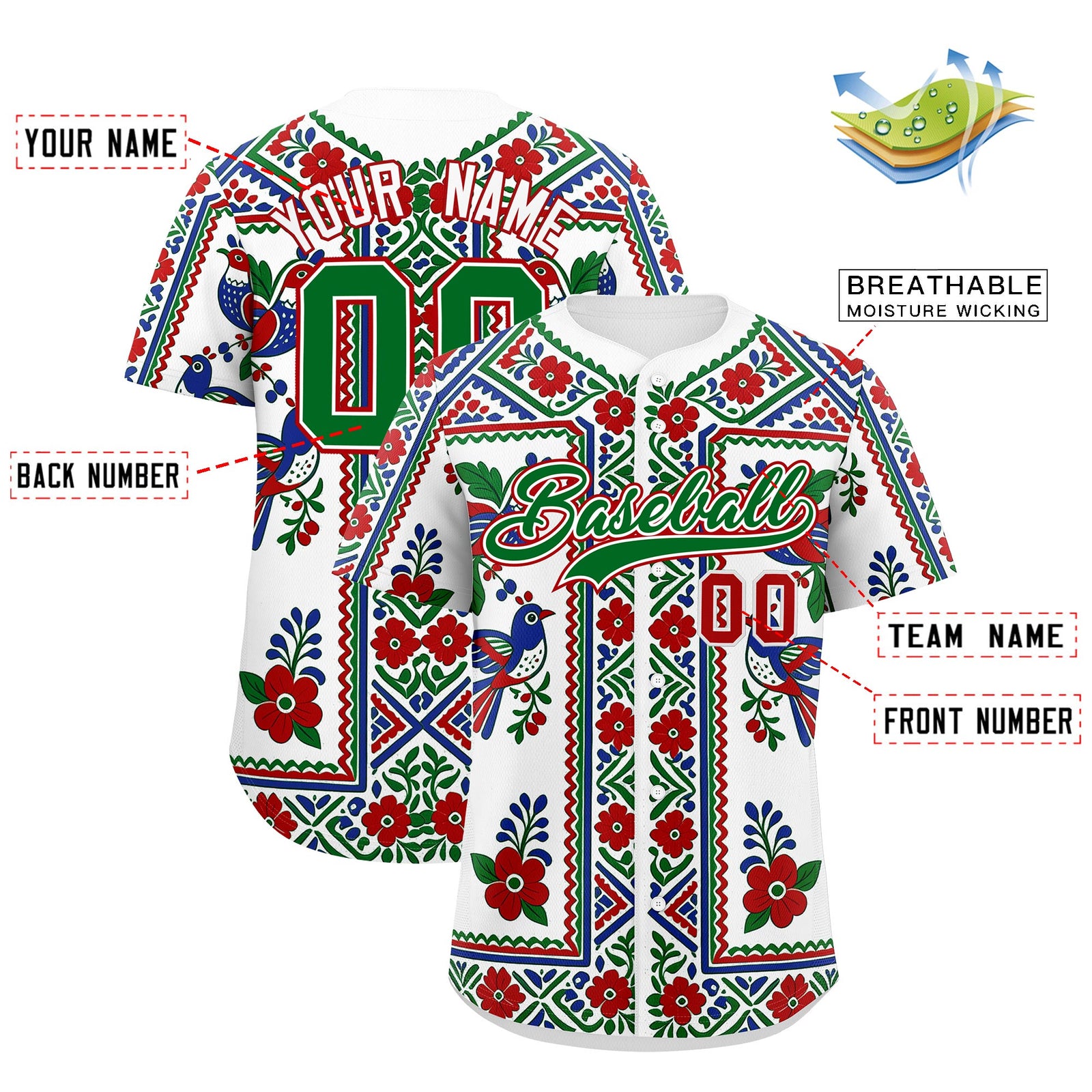 Custom White Kelly Green Red Graffiti Pattern Mexican style Stretch Fabric Baseball Jersey| KXKSHOP