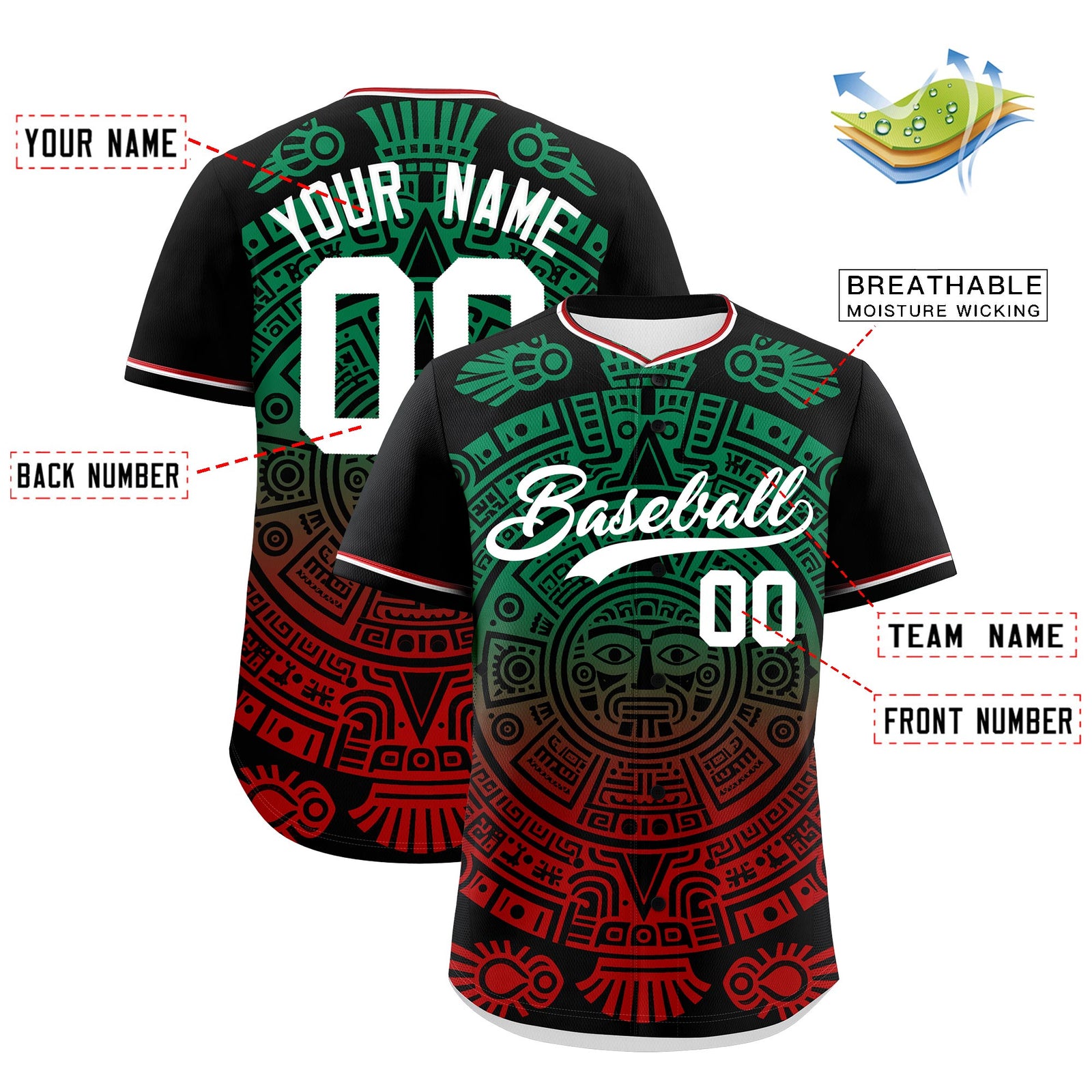 Custom Black Kelly Green Red Graffiti Pattern Mexican style Stretch Fabric Baseball Jersey| KXKSHOP