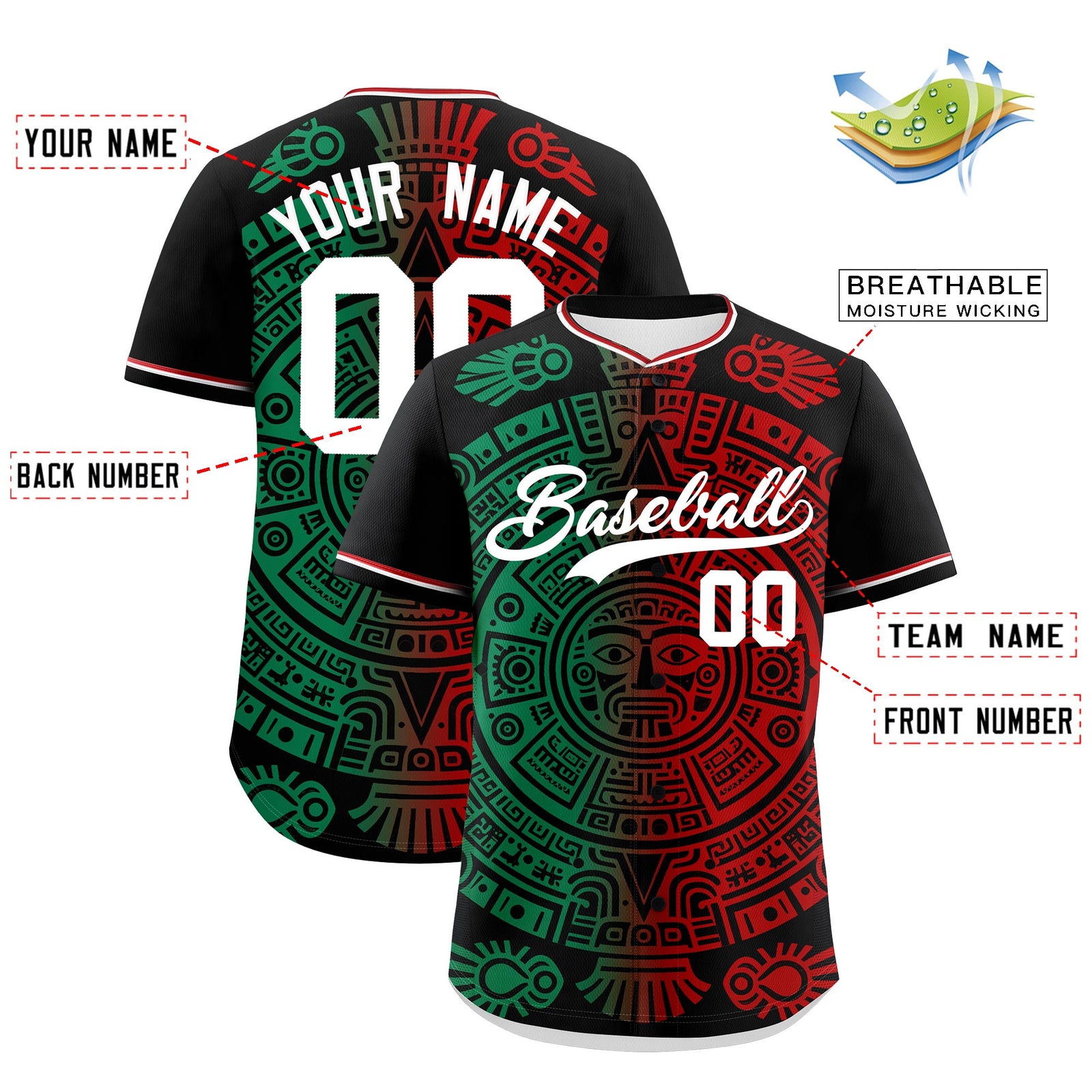 Custom Black Kelly Green Red Graffiti Pattern Mexican style Stretch Fabric Baseball Jersey| KXKSHOP