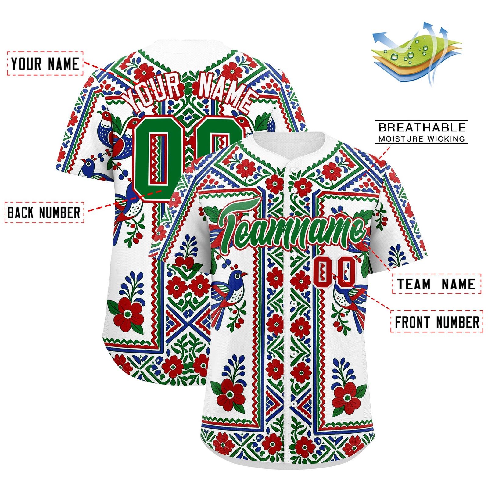 Custom White Kelly Green Red Graffiti Pattern Mexican style Stretch Fabric Baseball Jersey| KXKSHOP