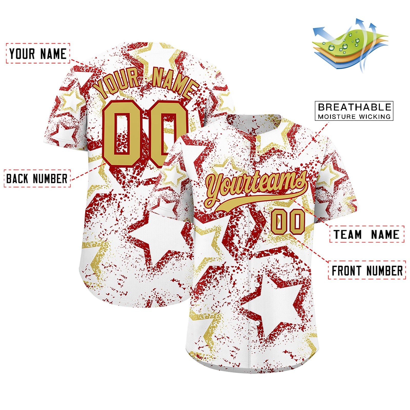 Custom White Old Gold Red Star-Shaped Ink Texture Graffiti Pattern Baseball Jersey | Sublimation Printed & Stitched,Add Name and Numbern,Perfect for Parties,Perfect for Training | KXKSHOP