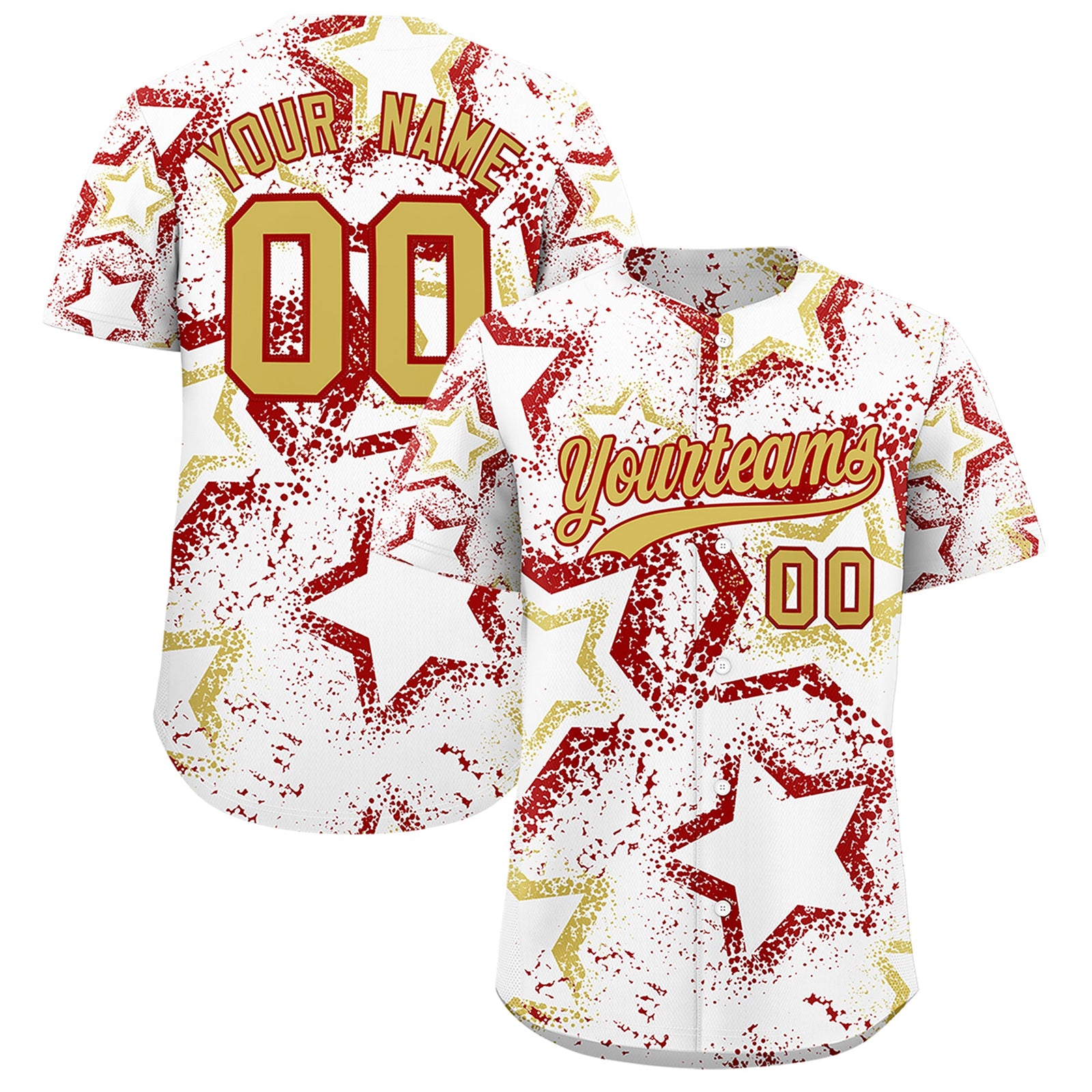 Custom White Old Gold Red Star-Shaped Ink Texture Graffiti Pattern Baseball Jersey | Sublimation Printed & Stitched,Add Name and Numbern,Perfect for Parties,Perfect for Training | KXKSHOP