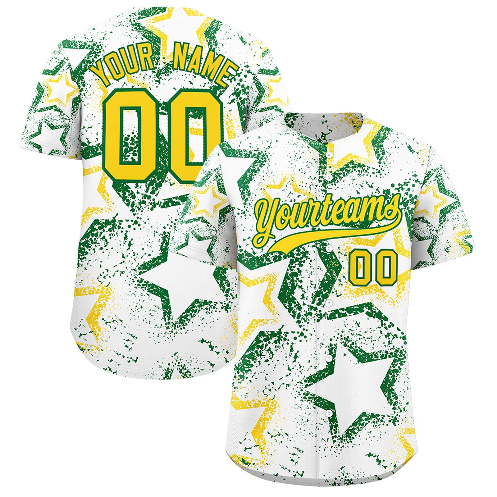 Custom White Kelly Green Gold Star-Shaped Ink Texture Graffiti Pattern Baseball Jersey | Sublimation Printed & Stitched,Add Name and Numbern,Perfect for Parties,Perfect for Training | KXKSHOP