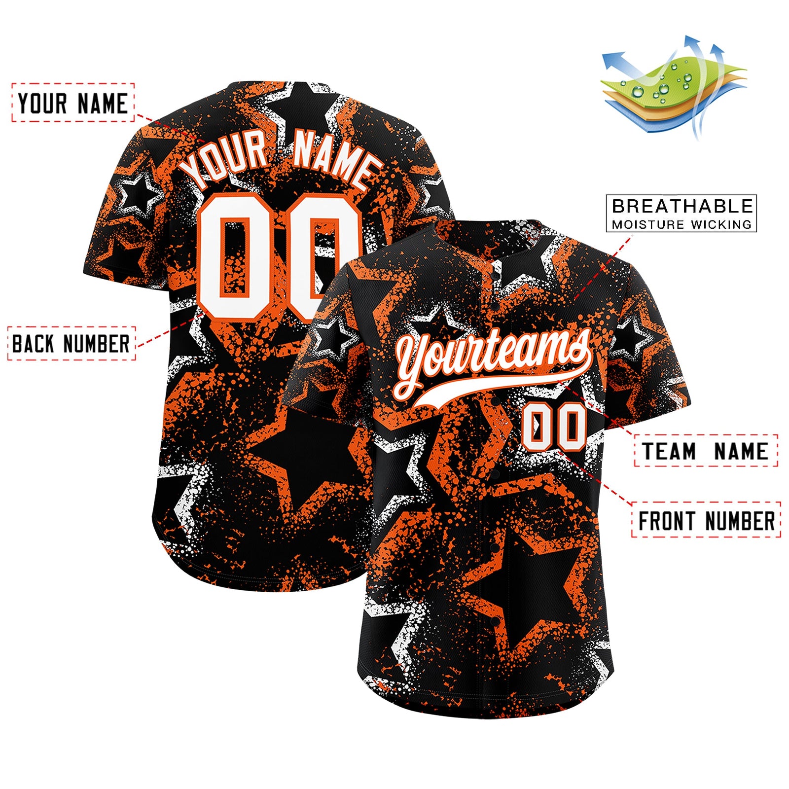 Custom Black White Orange Star-Shaped Ink Texture Graffiti Pattern Baseball Jersey | Sublimation Printed & Stitched,Add Name and Numbern,Perfect for Parties,Perfect for Training | KXKSHOP