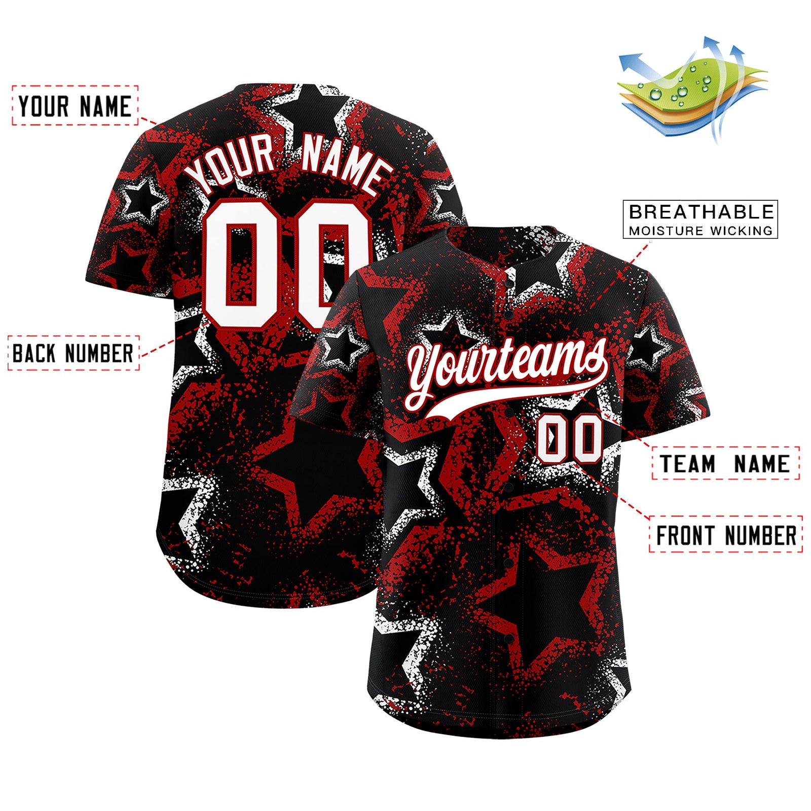 Custom Black White Red Star-Shaped Ink Texture Graffiti Pattern Baseball Jersey | Sublimation Printed & Stitched,Add Name and Numbern,Perfect for Parties,Perfect for Training | KXKSHOP