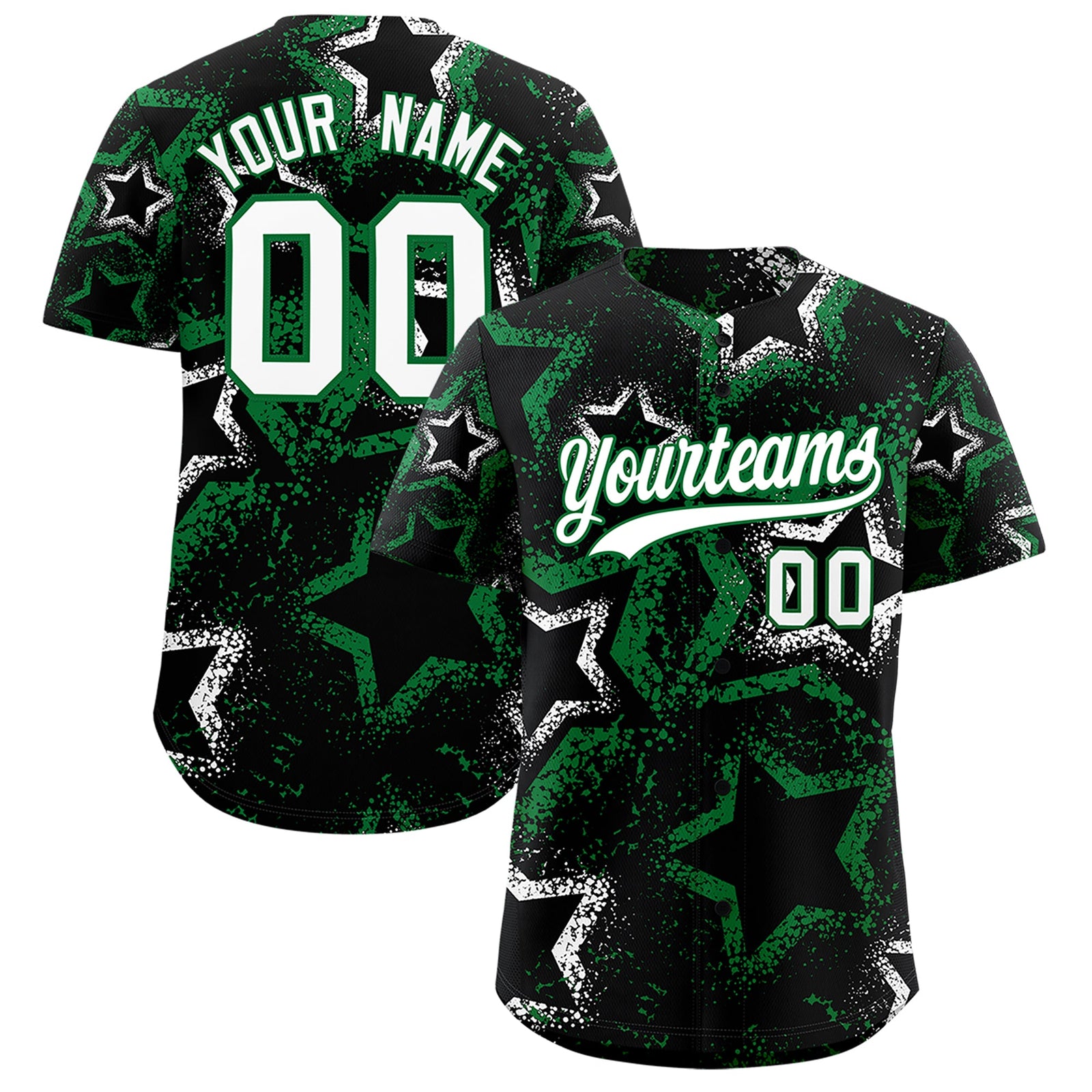 Custom Black White Kelly Green Star-Shaped Ink Texture Graffiti Pattern Baseball Jersey | Sublimation Printed & Stitched,Add Name and Numbern,Perfect for Parties,Perfect for Training | KXKSHOP