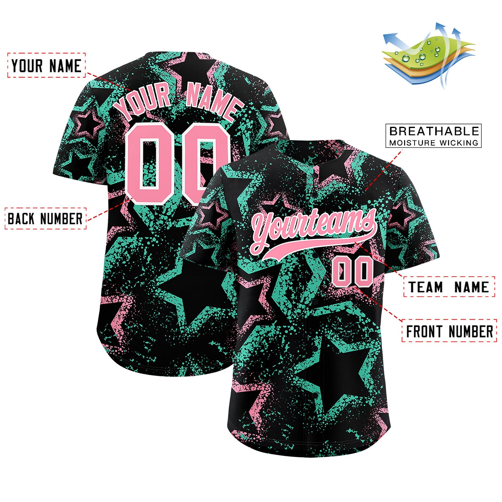 Custom Black Light Pink White Star-Shaped Ink Texture Graffiti Pattern Baseball Jersey | Sublimation Printed & Stitched,Add Name and Numbern,Perfect for Parties,Perfect for Training | KXKSHOP