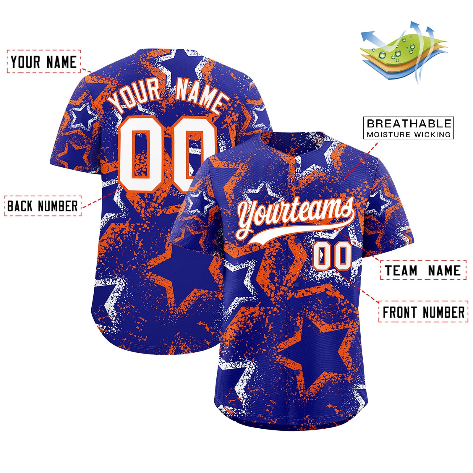 Custom Royal Blue White Orange Star-Shaped Ink Texture Graffiti Pattern Baseball Jersey | Sublimation Printed & Stitched,Add Name and Numbern,Perfect for Parties,Perfect for Training | KXKSHOP