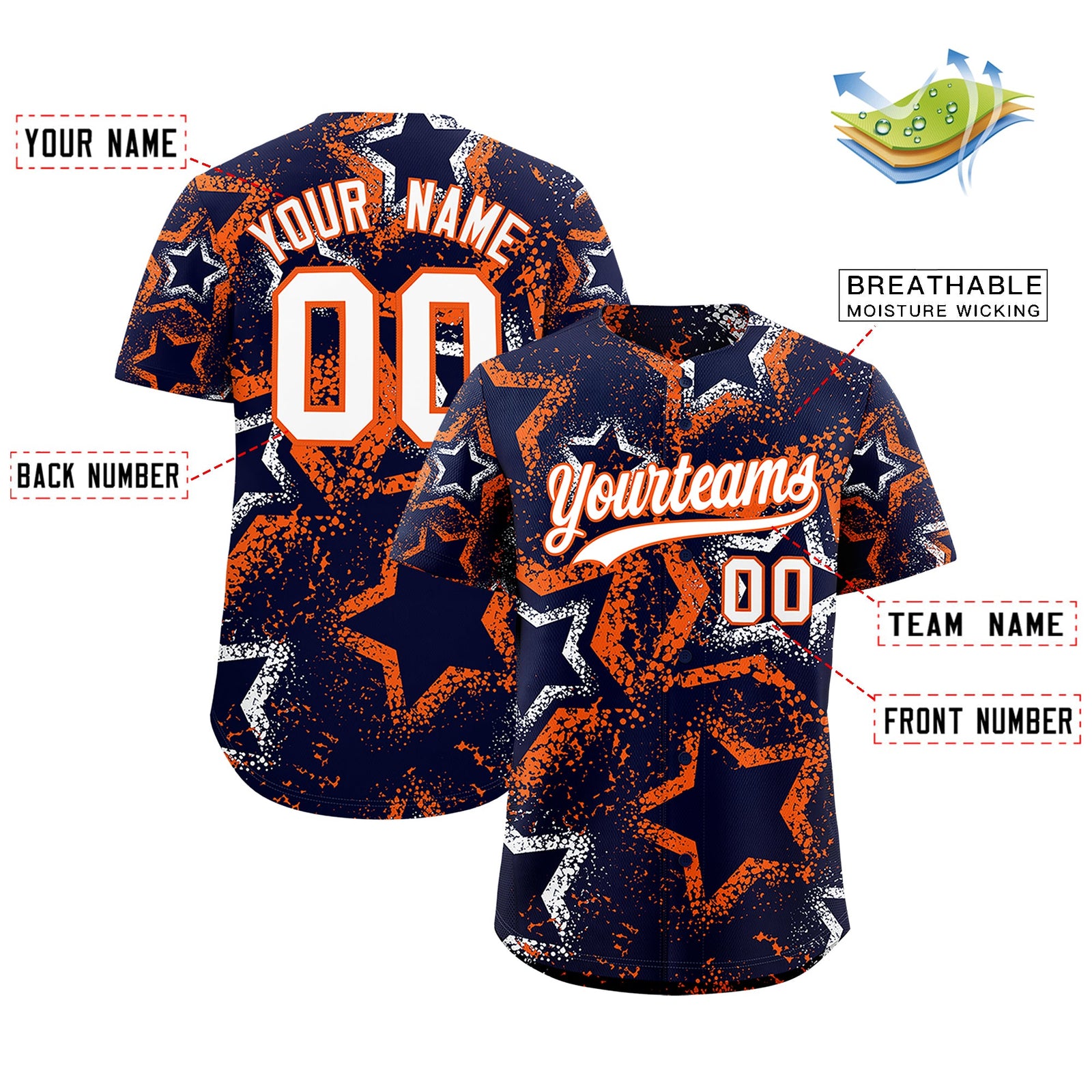 Custom Navy White Orange Star-Shaped Ink Texture Graffiti Pattern Baseball Jersey | Sublimation Printed & Stitched,Add Name and Numbern,Perfect for Parties,Perfect for Training | KXKSHOP