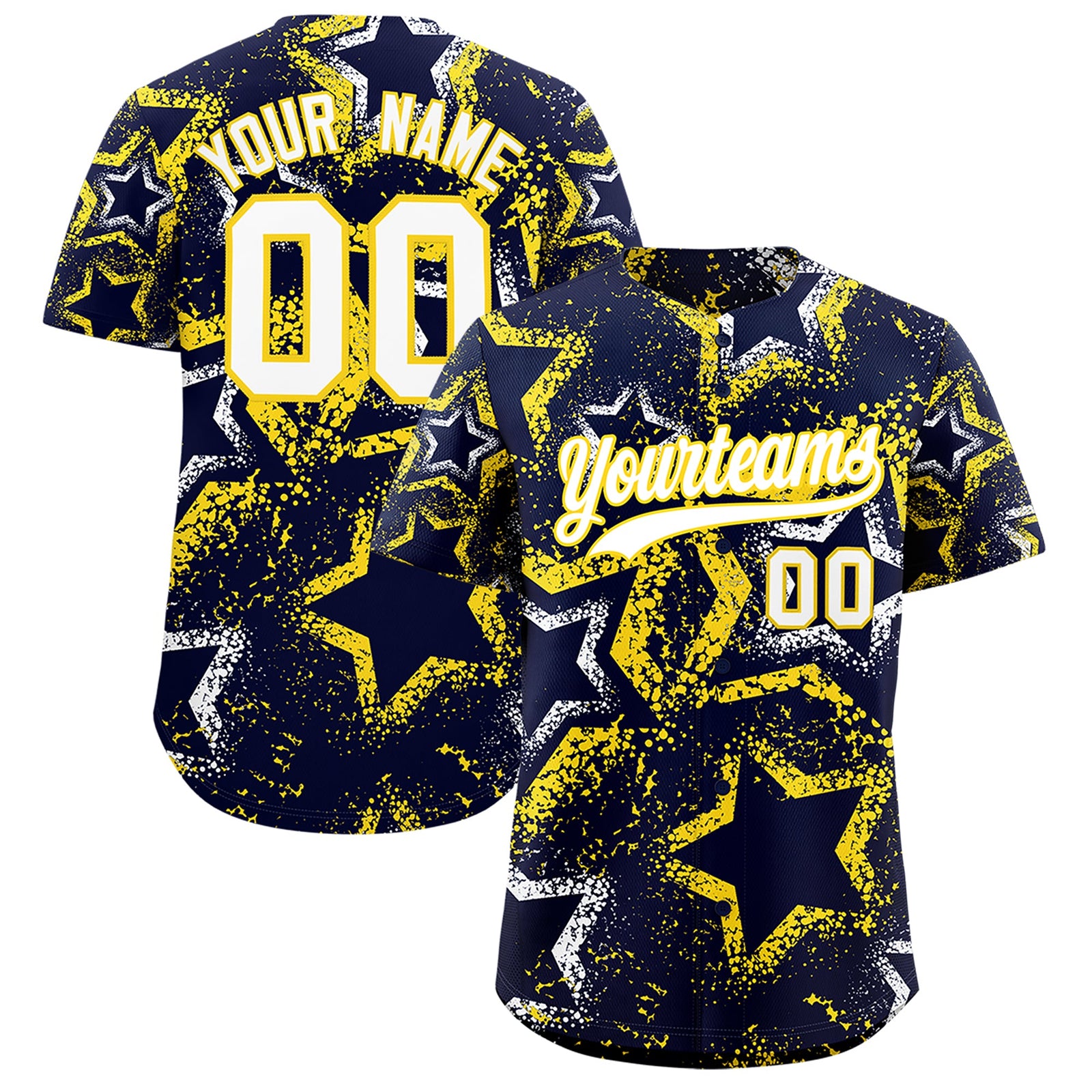 Custom Navy White Gold Star-Shaped Ink Texture Graffiti Pattern Baseball Jersey | Sublimation Printed & Stitched,Add Name and Numbern,Perfect for Parties,Perfect for Training | KXKSHOP
