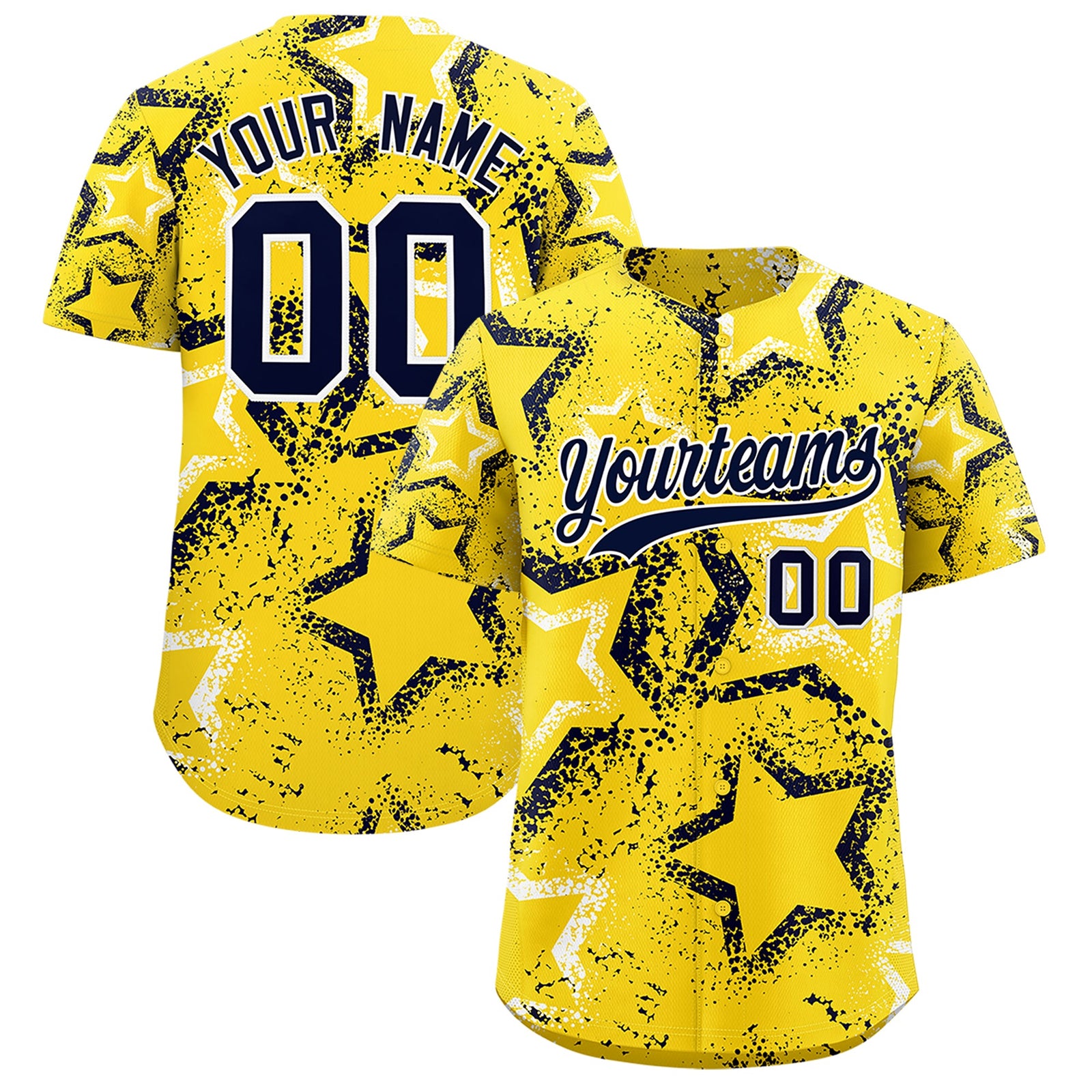 Custom Gold White Navy Star-Shaped Ink Texture Graffiti Pattern Baseball Jersey | Sublimation Printed & Stitched,Add Name and Numbern,Perfect for Parties,Perfect for Training | KXKSHOP