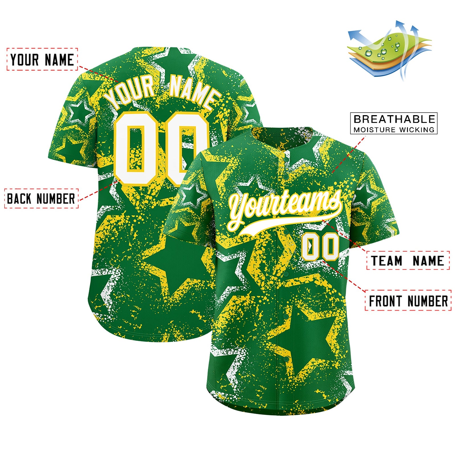 Custom Kelly Green White Gold Star-Shaped Ink Texture Graffiti Pattern Baseball Jersey | Sublimation Printed & Stitched,Add Name and Numbern,Perfect for Parties,Perfect for Training | KXKSHOP
