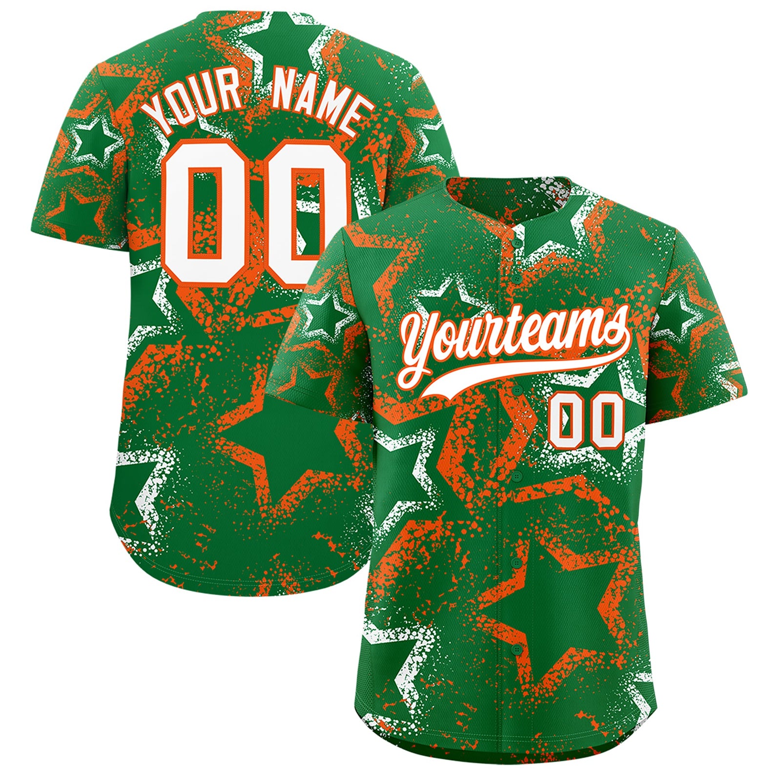 Custom Kelly Green White Orange Star-Shaped Ink Texture Graffiti Pattern Baseball Jersey | Sublimation Printed & Stitched,Add Name and Numbern,Perfect for Parties,Perfect for Training | KXKSHOP
