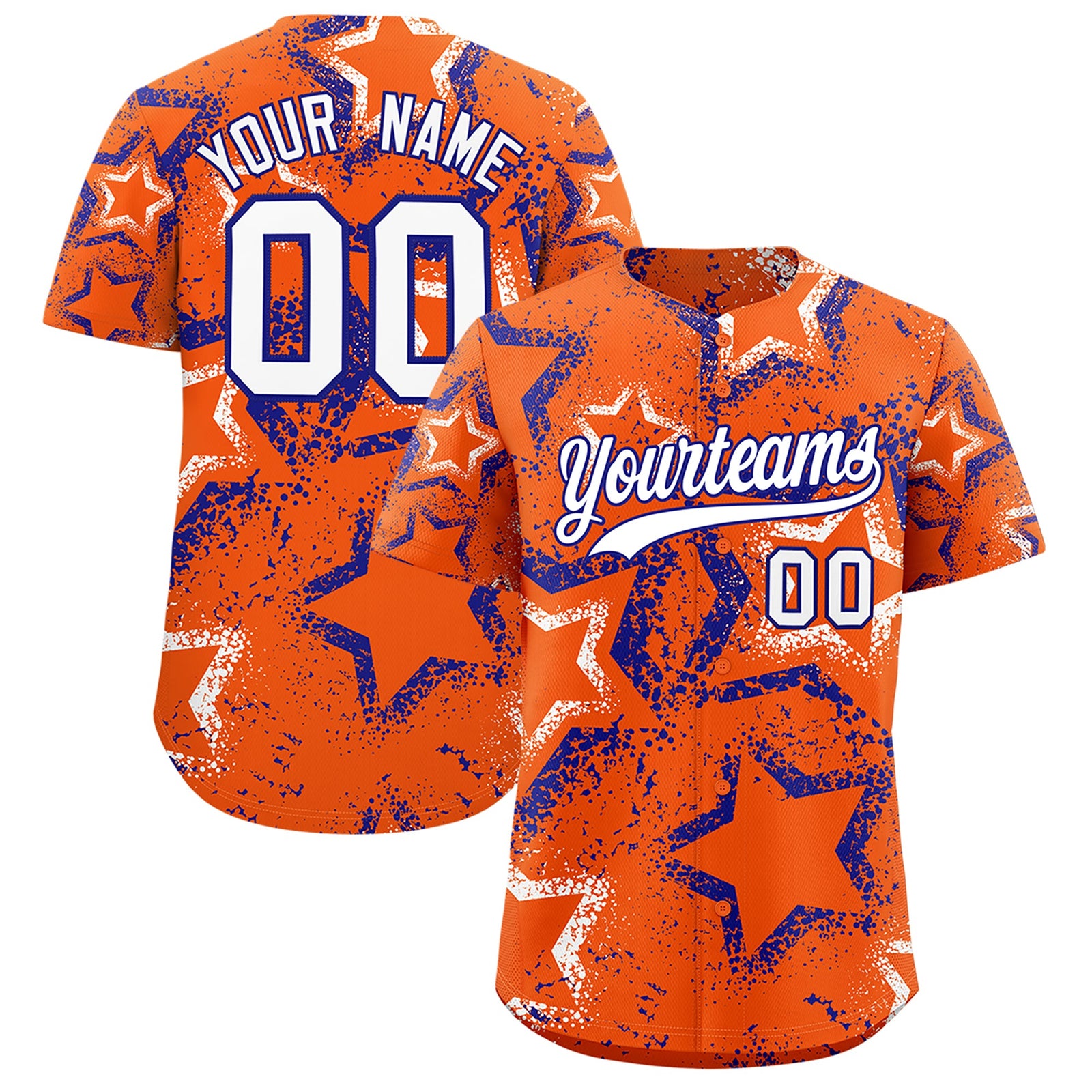 Custom Orange White Royal Blue Star-Shaped Ink Texture Graffiti Pattern Baseball Jersey | Sublimation Printed & Stitched,Add Name and Numbern,Perfect for Parties,Perfect for Training | KXKSHOP