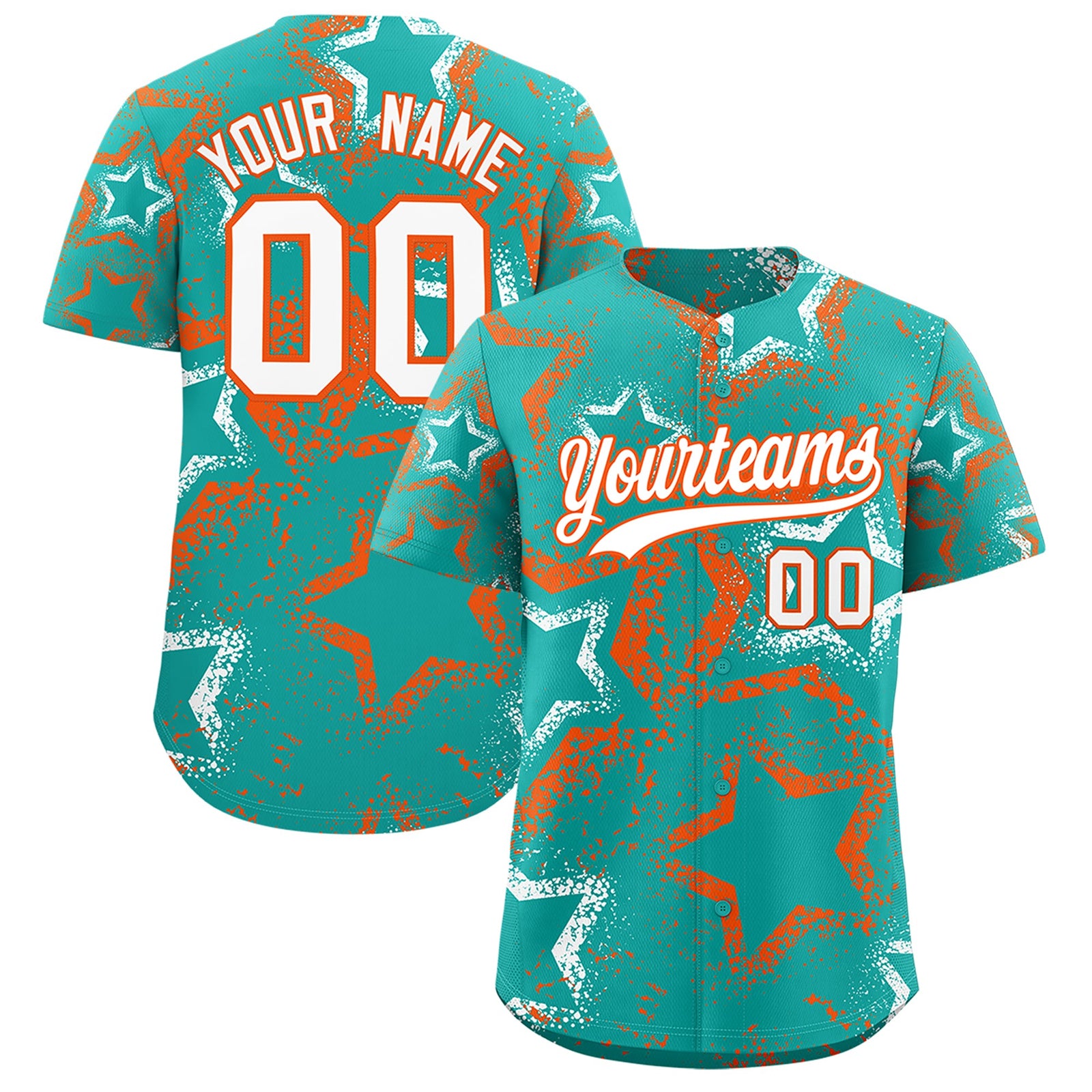 Custom Aqua White Orange Star-Shaped Ink Texture Graffiti Pattern Baseball Jersey | Sublimation Printed & Stitched,Add Name and Numbern,Perfect for Parties,Perfect for Training | KXKSHOP