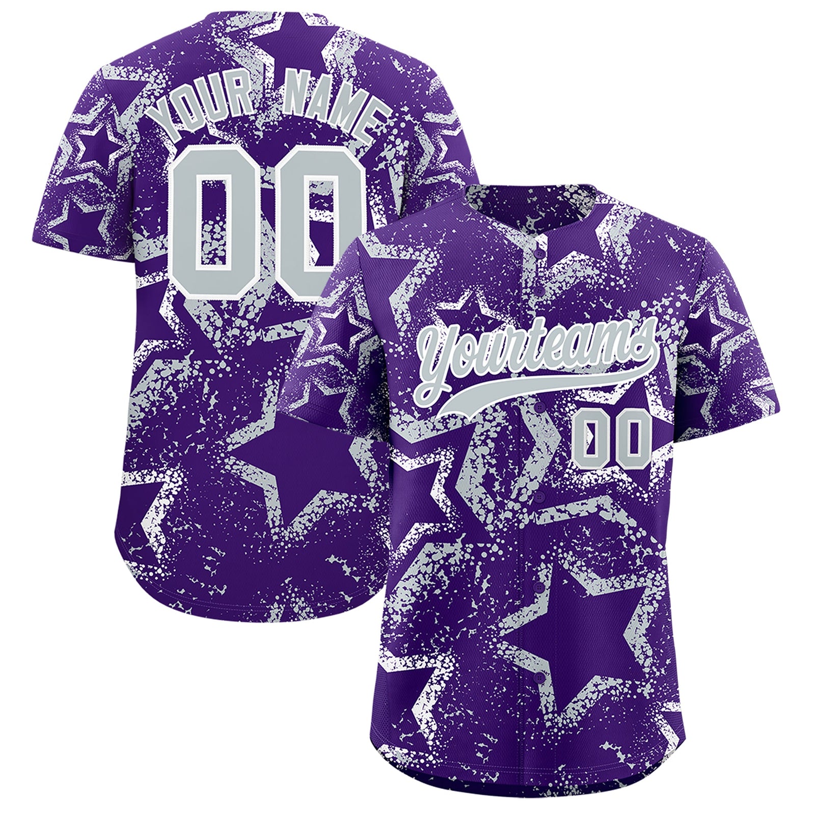 Custom Purple White Silver Star-Shaped Ink Texture Graffiti Pattern Baseball Jersey | Sublimation Printed & Stitched,Add Name and Numbern,Perfect for Parties,Perfect for Training | KXKSHOP