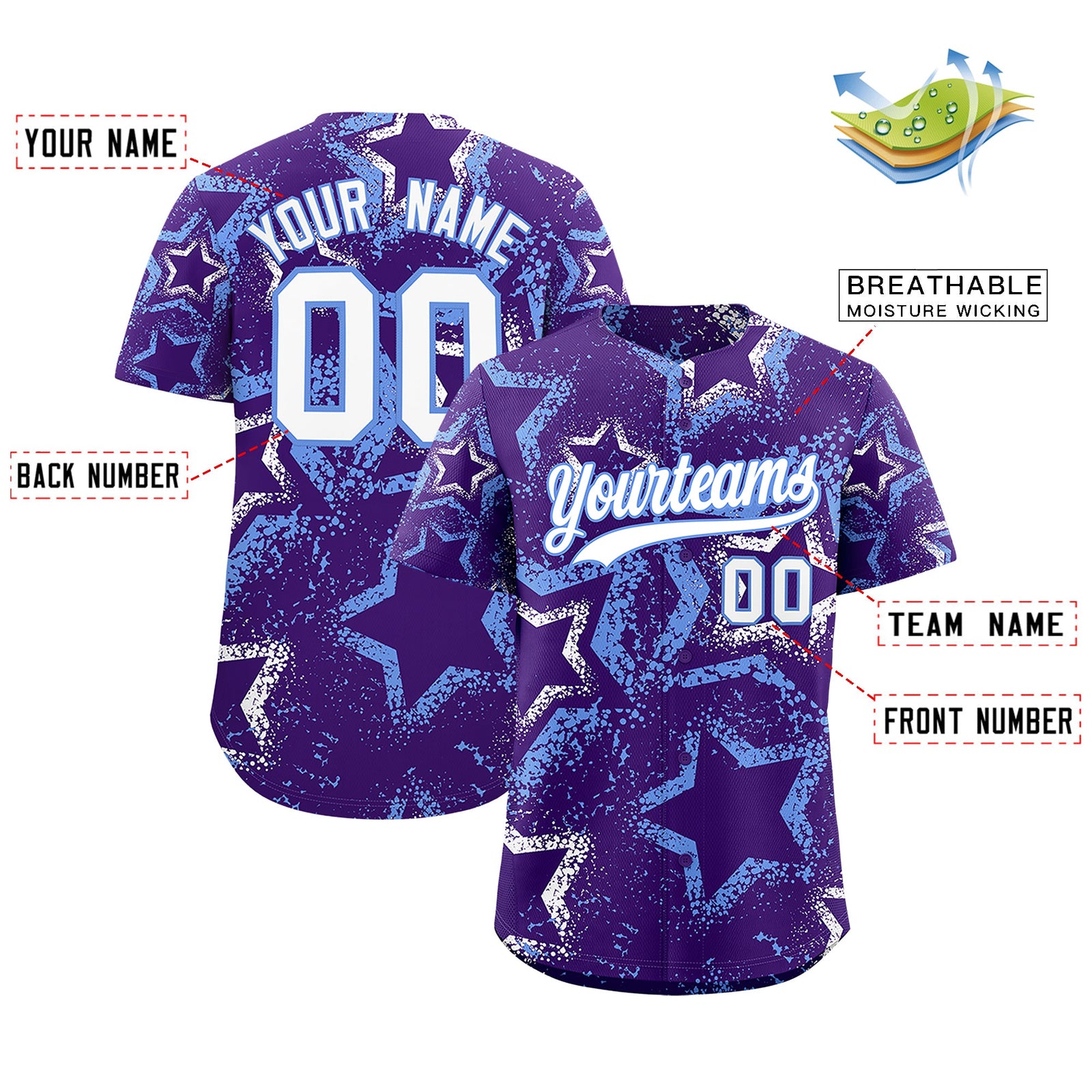Custom Purple White Light Blue Star-Shaped Ink Texture Graffiti Pattern Baseball Jersey | Sublimation Printed & Stitched,Add Name and Numbern,Perfect for Parties,Perfect for Training | KXKSHOP