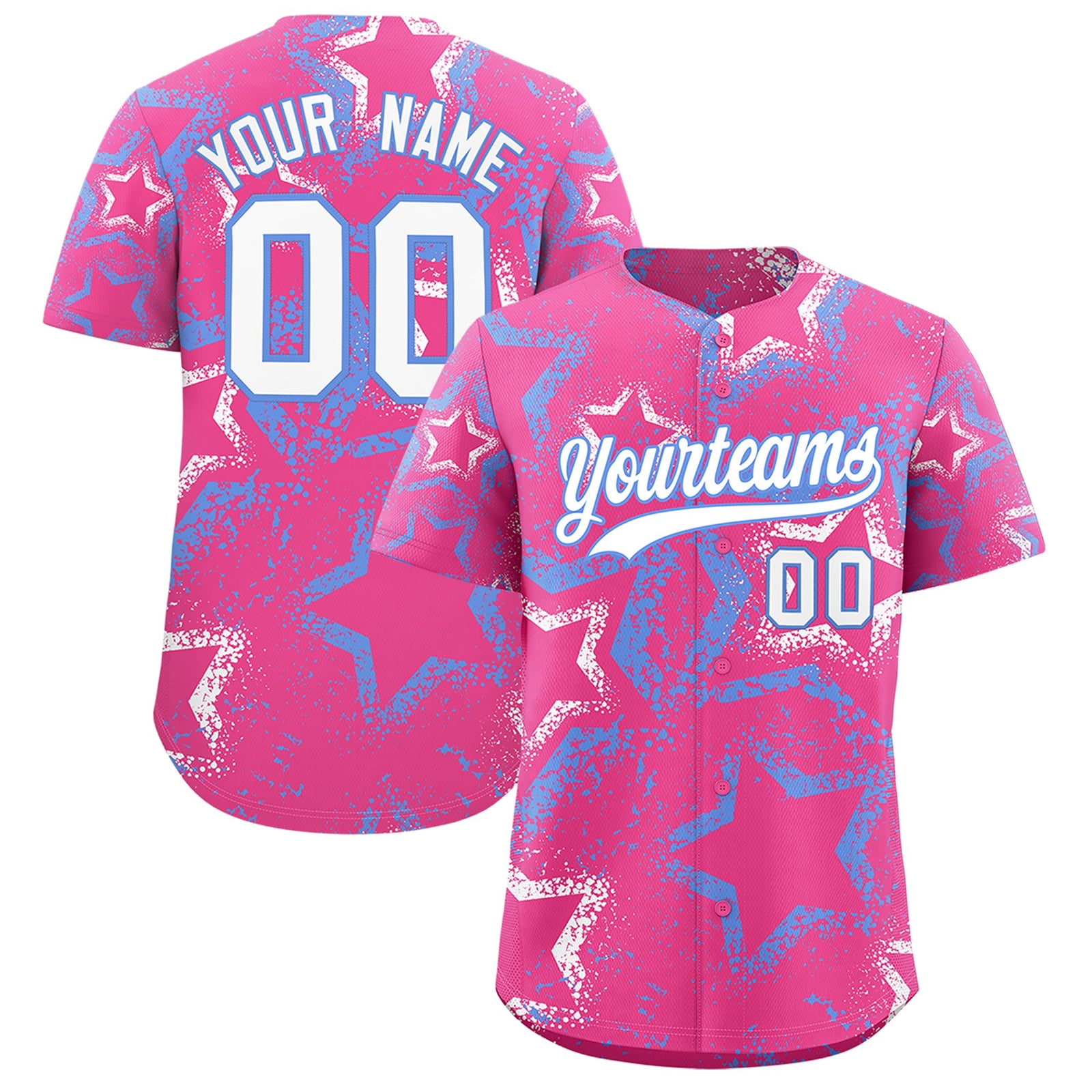 Custom Pink White Light Blue Star-Shaped Ink Texture Graffiti Pattern Baseball Jersey | Sublimation Printed & Stitched,Add Name and Numbern,Perfect for Parties,Perfect for Training | KXKSHOP