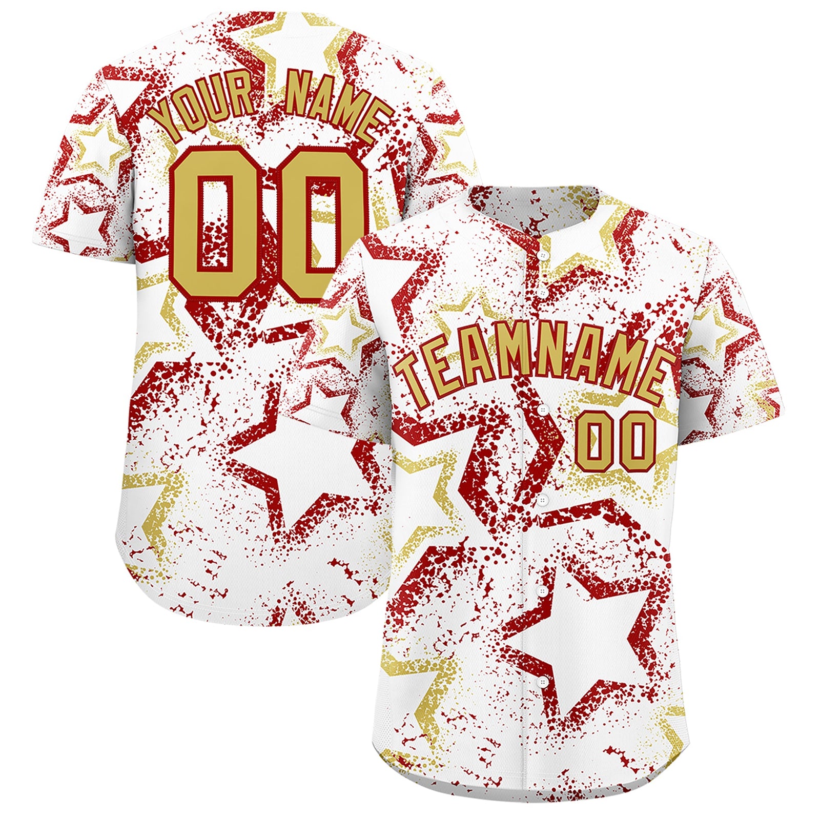 Custom White Old Gold Red Star-Shaped Ink Texture Graffiti Pattern Baseball Jersey | Sublimation Printed & Stitched,Add Name and Numbern,Perfect for Parties,Perfect for Training | KXKSHOP