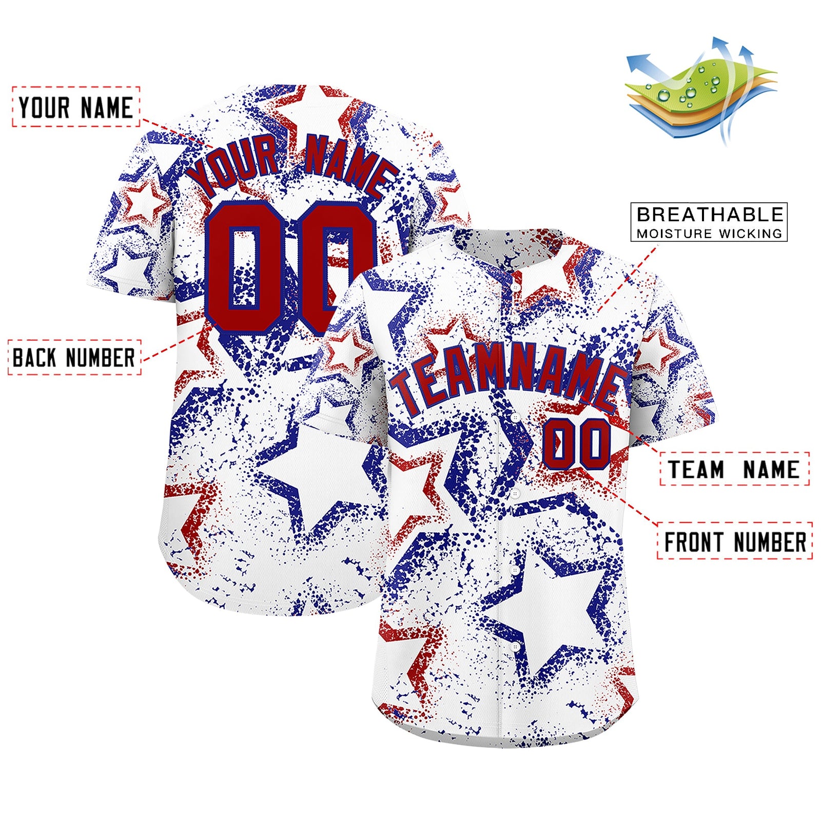 Custom White Royal Blue Red Star-Shaped Ink Texture Graffiti Pattern Baseball Jersey | Sublimation Printed & Stitched,Add Name and Numbern,Perfect for Parties,Perfect for Training | KXKSHOP