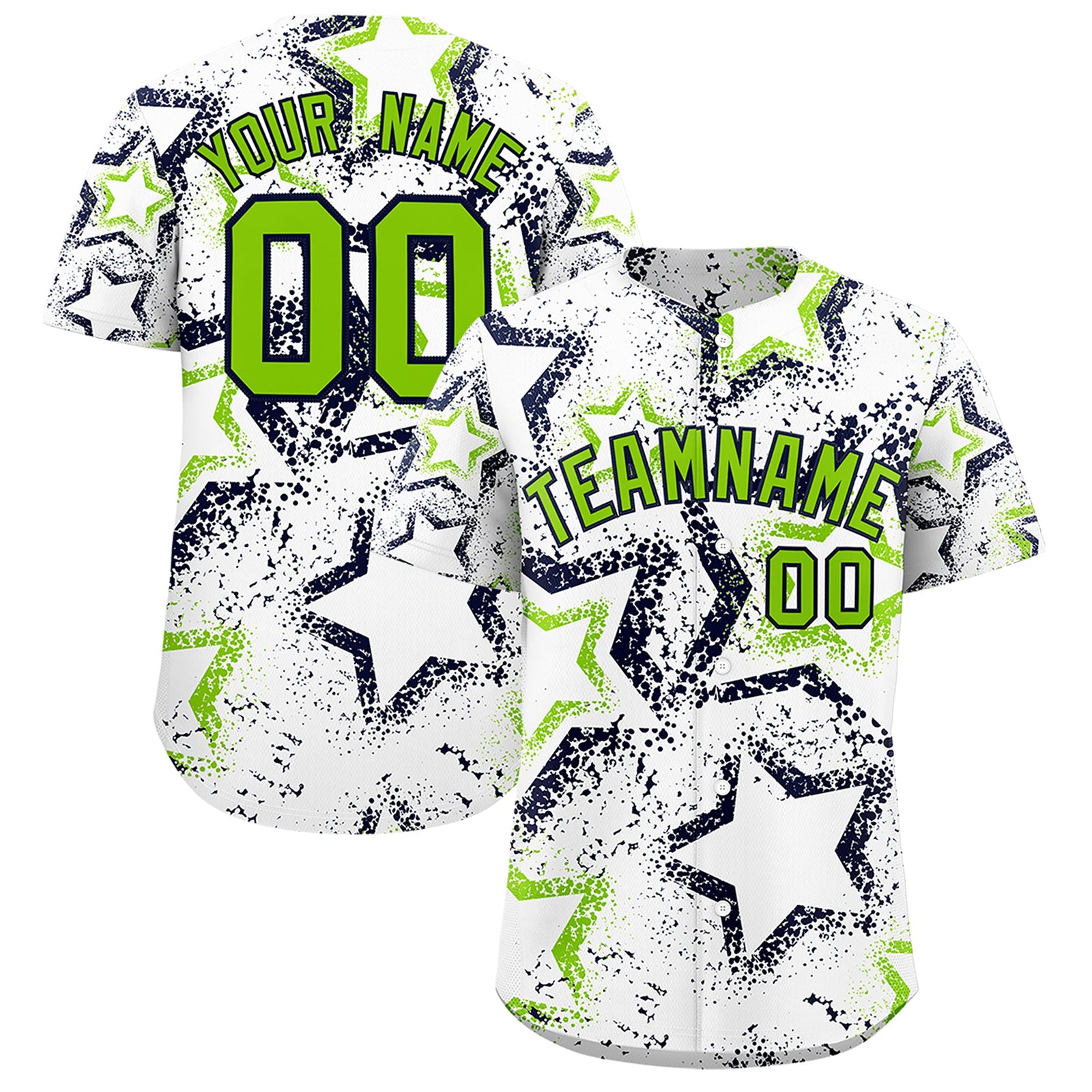 Custom White Neon Green Navy Star-Shaped Ink Texture Graffiti Pattern Baseball Jersey | Sublimation Printed & Stitched,Add Name and Numbern,Perfect for Parties,Perfect for Training | KXKSHOP