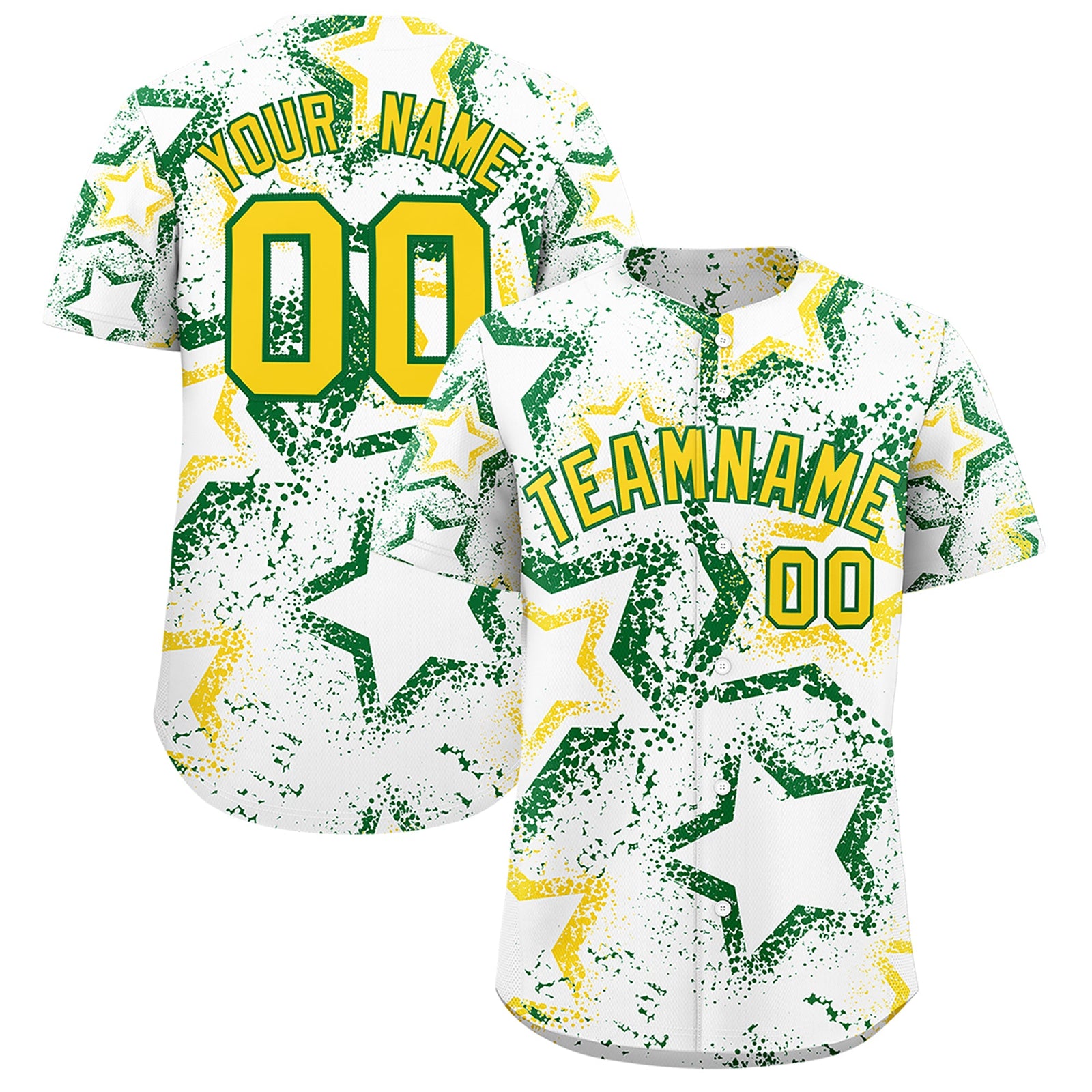 Custom White Kelly Green Gold Star-Shaped Ink Texture Graffiti Pattern Baseball Jersey | Sublimation Printed & Stitched,Add Name and Numbern,Perfect for Parties,Perfect for Training | KXKSHOP