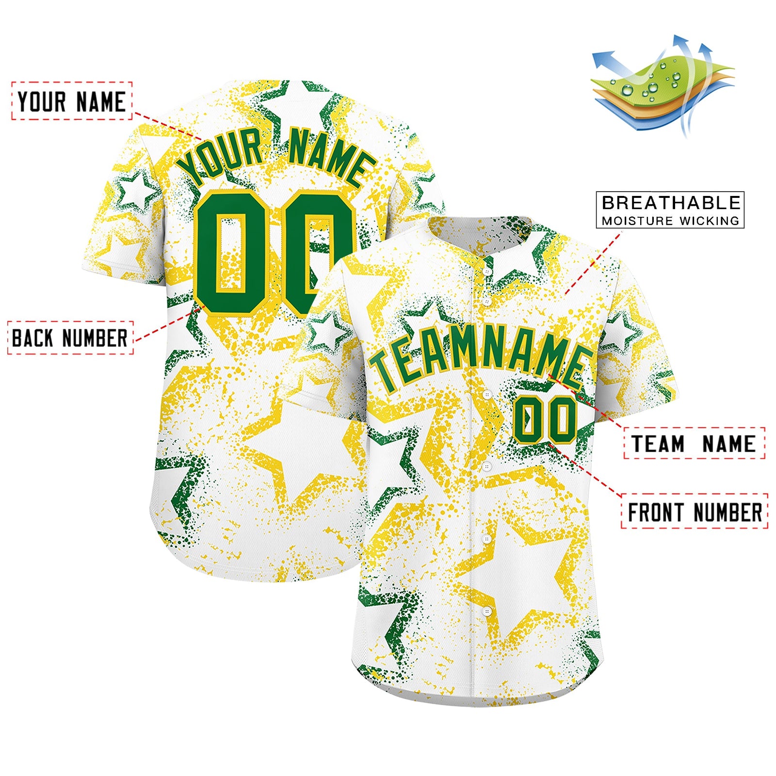 Custom White Gold Kelly Green Star-Shaped Ink Texture Graffiti Pattern Baseball Jersey | Sublimation Printed & Stitched,Add Name and Numbern,Perfect for Parties,Perfect for Training | KXKSHOP