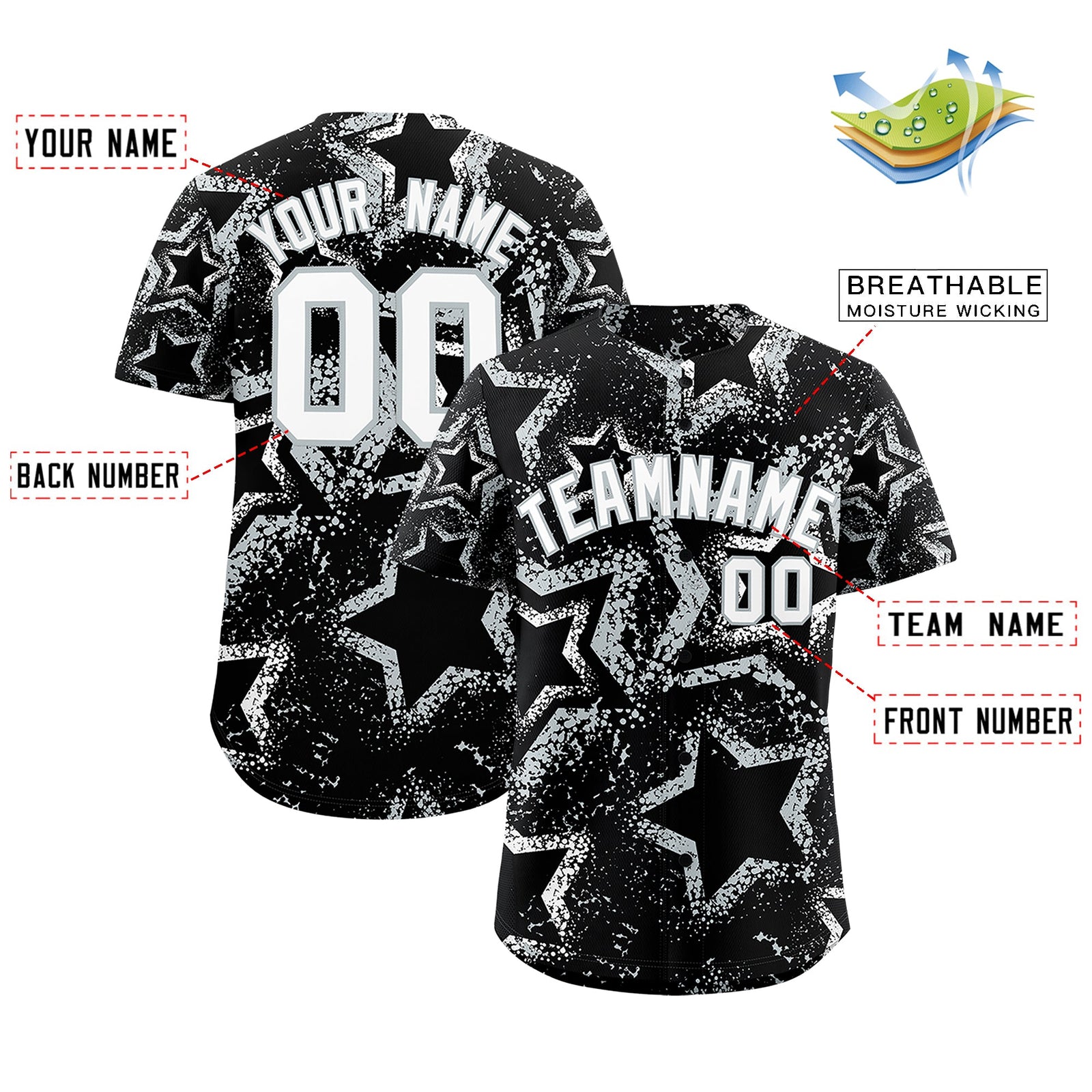 Custom Black White Silver Star-Shaped Ink Texture Graffiti Pattern Baseball Jersey | Sublimation Printed & Stitched,Add Name and Numbern,Perfect for Parties,Perfect for Training | KXKSHOP