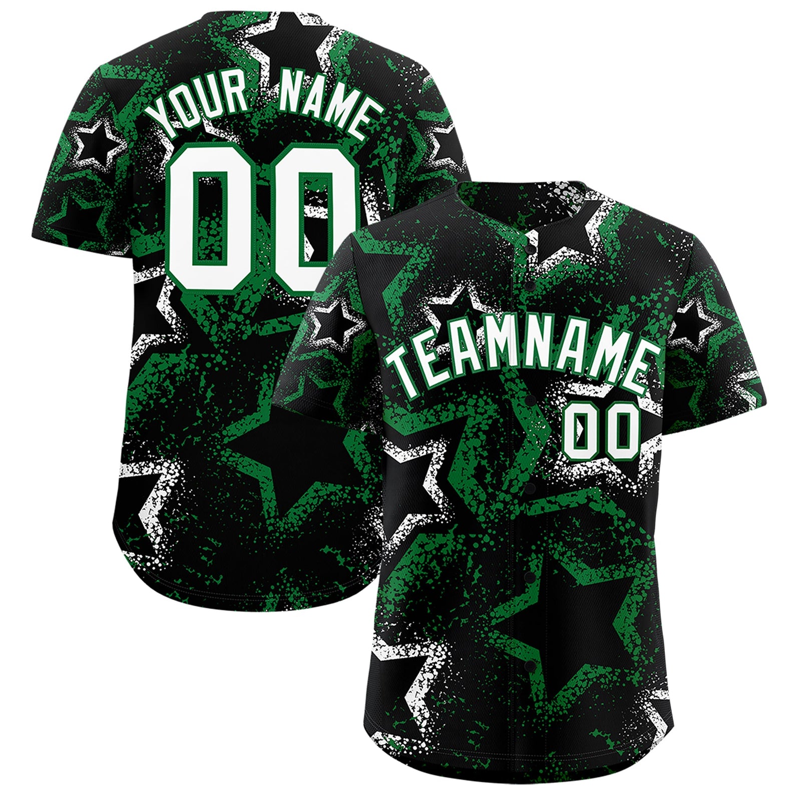 Custom Black White Kelly Green Star-Shaped Ink Texture Graffiti Pattern Baseball Jersey | Sublimation Printed & Stitched,Add Name and Numbern,Perfect for Parties,Perfect for Training | KXKSHOP